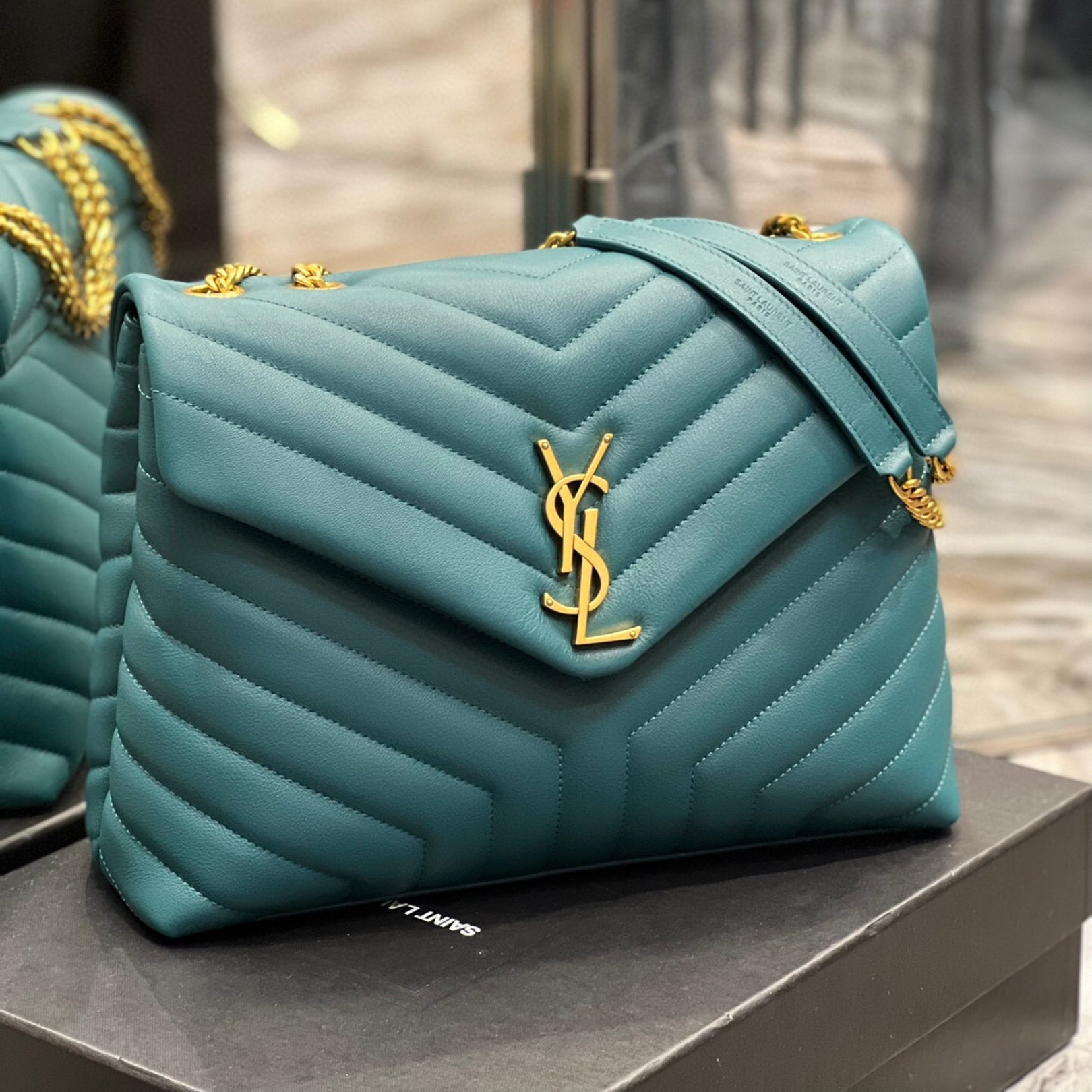 YSL LouLou Shoulder Bag in Turquoise Blue with Gold