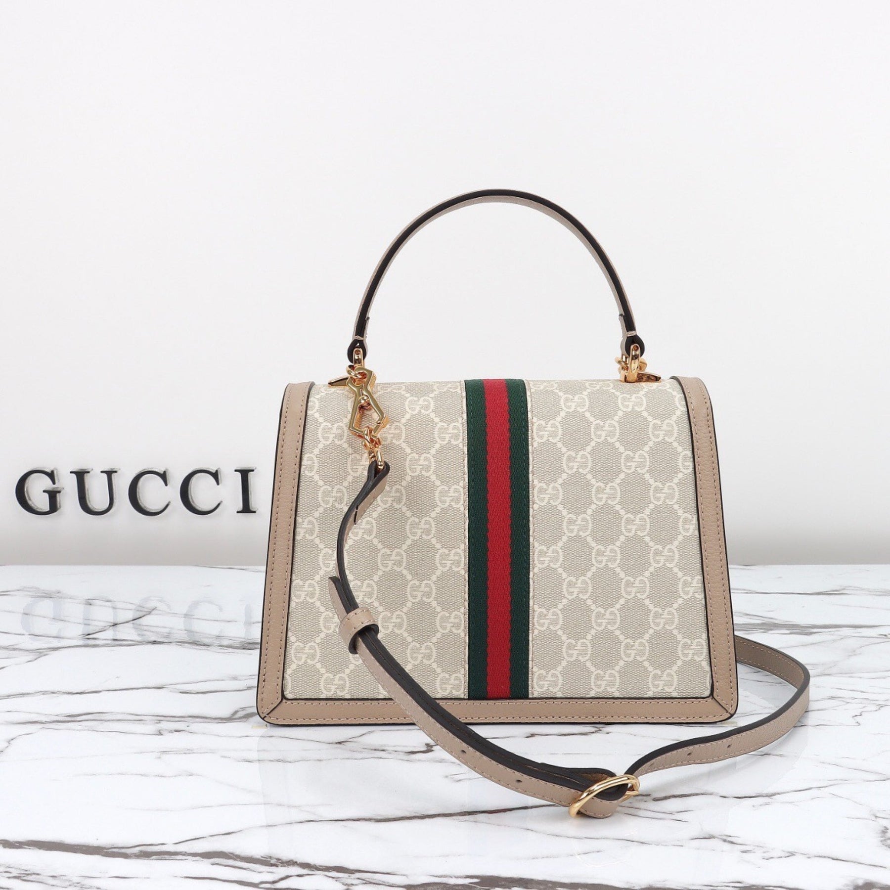 Small Light Beige GG Ophidia Bag with 25cm top handle