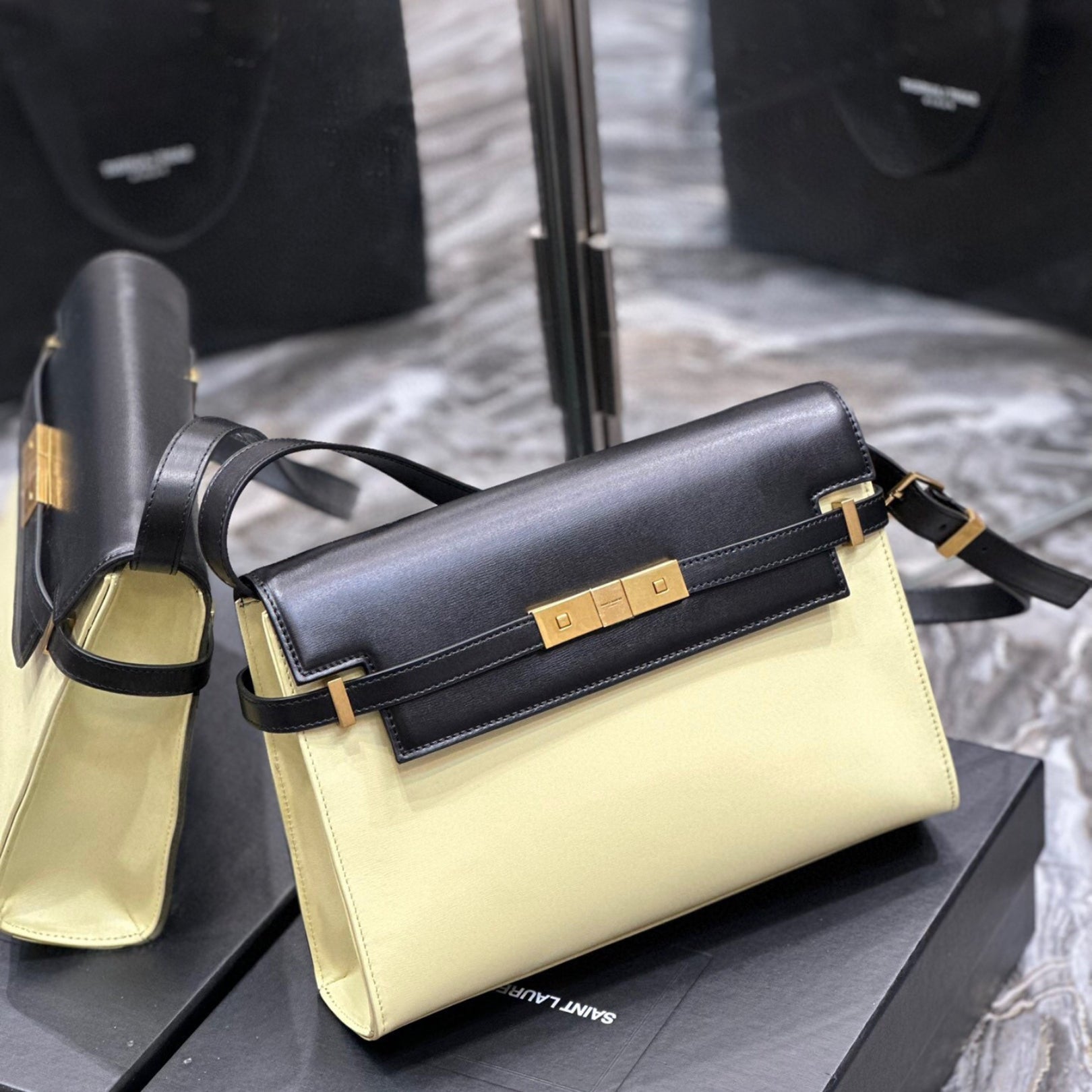 Small Beige and Black YSL Manhattan Bag