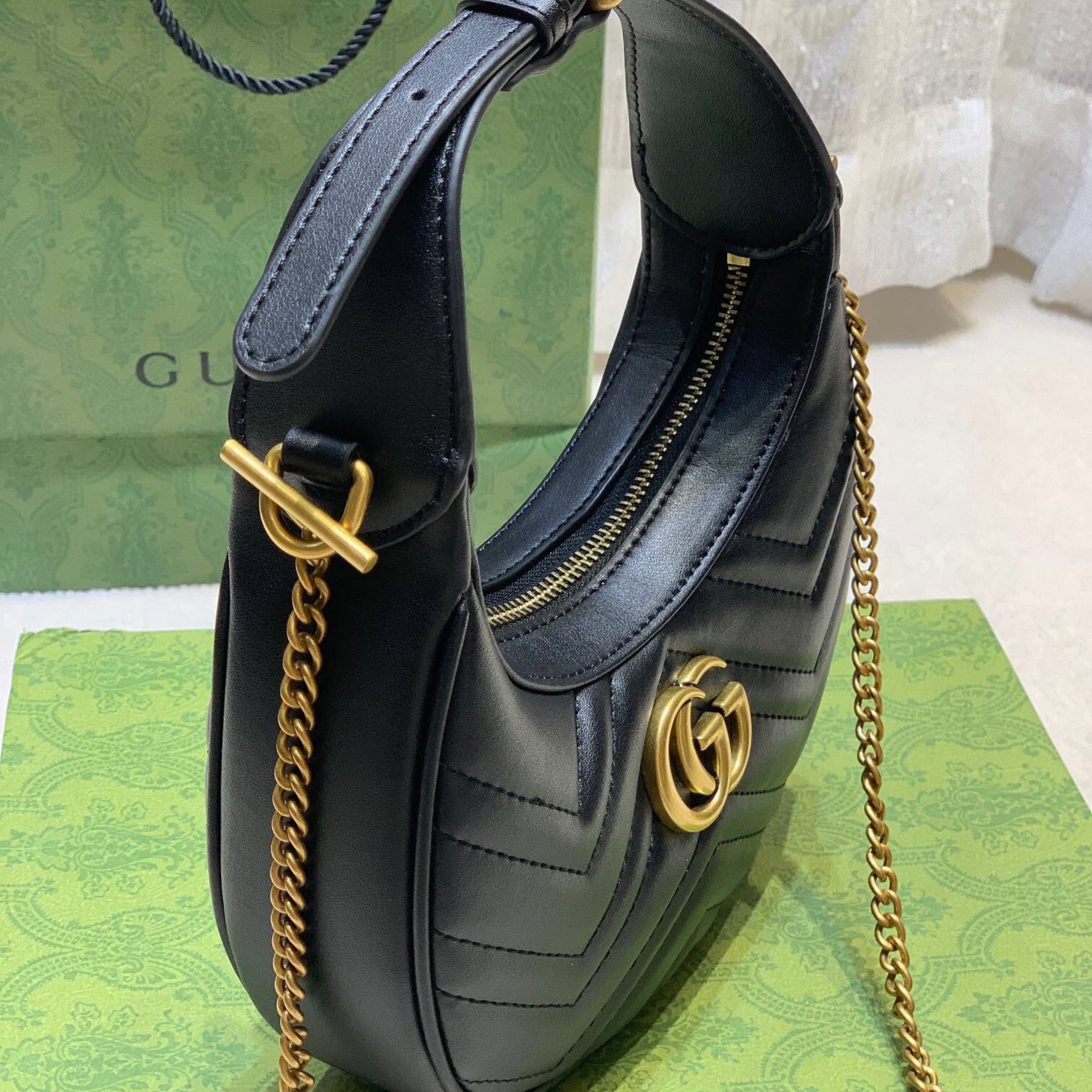 Bolsa GG Marmont Mini half-moon Preta 21cm