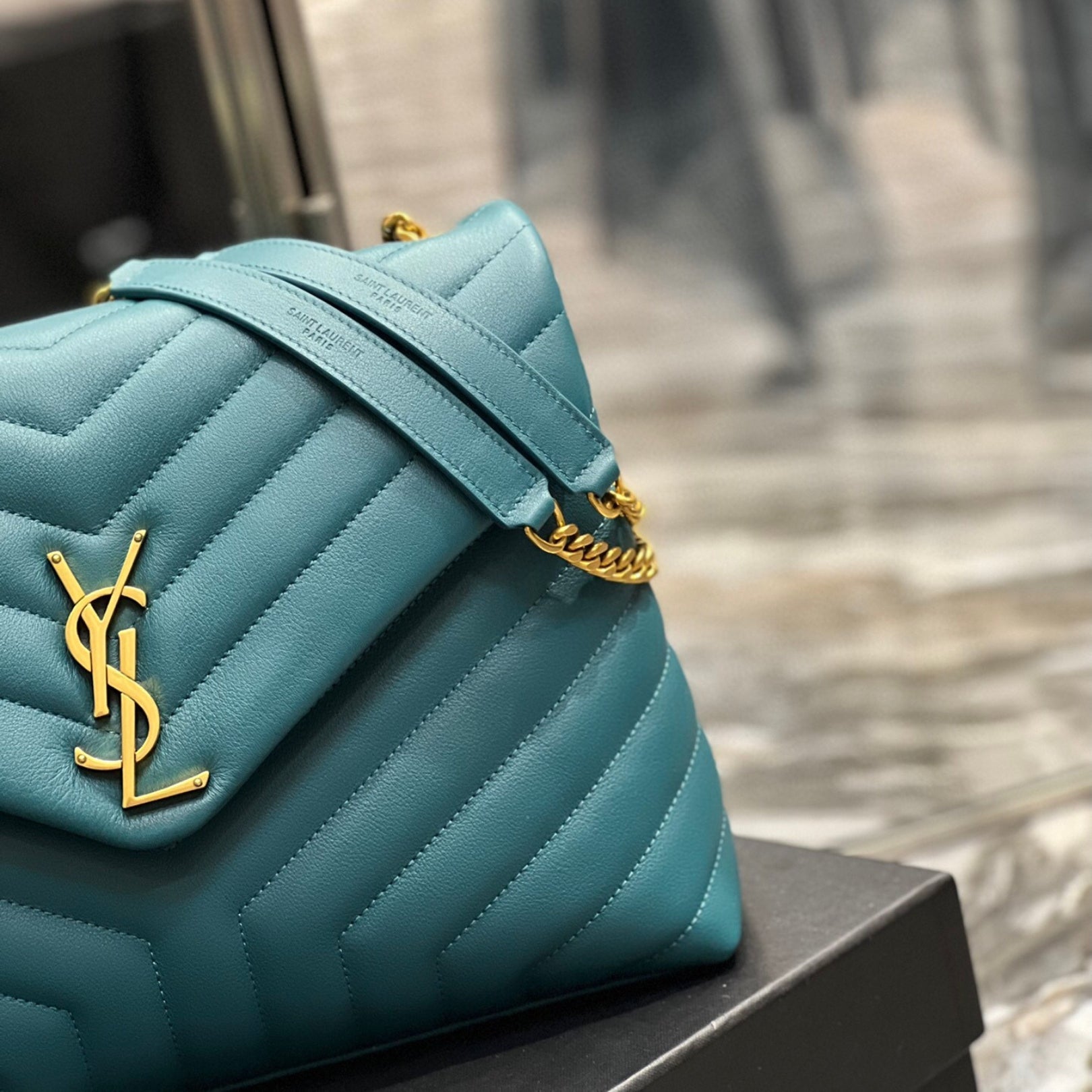 YSL LouLou Shoulder Bag in Turquoise Blue with Gold