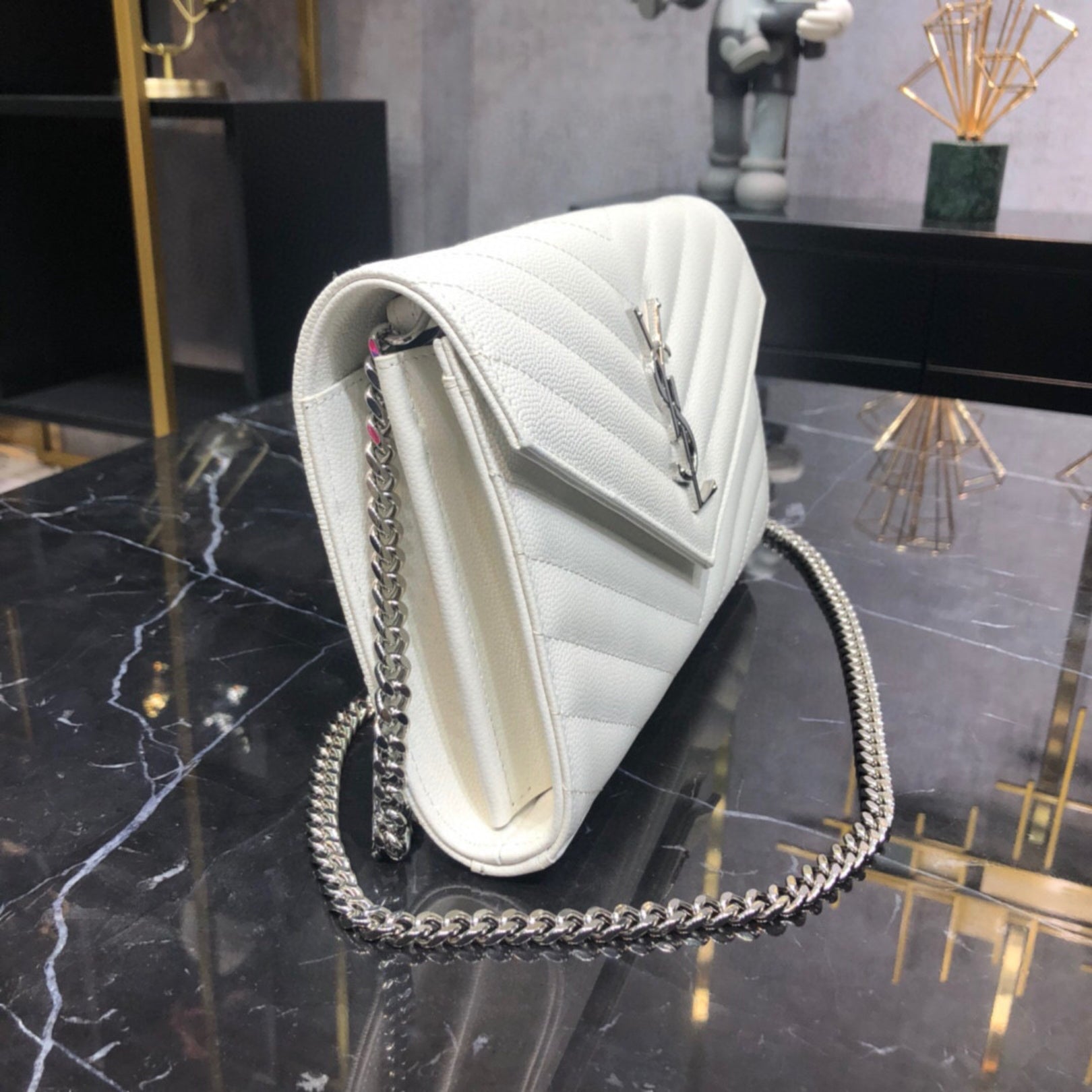 YSL Small Monogram White Bag with Silver Logo