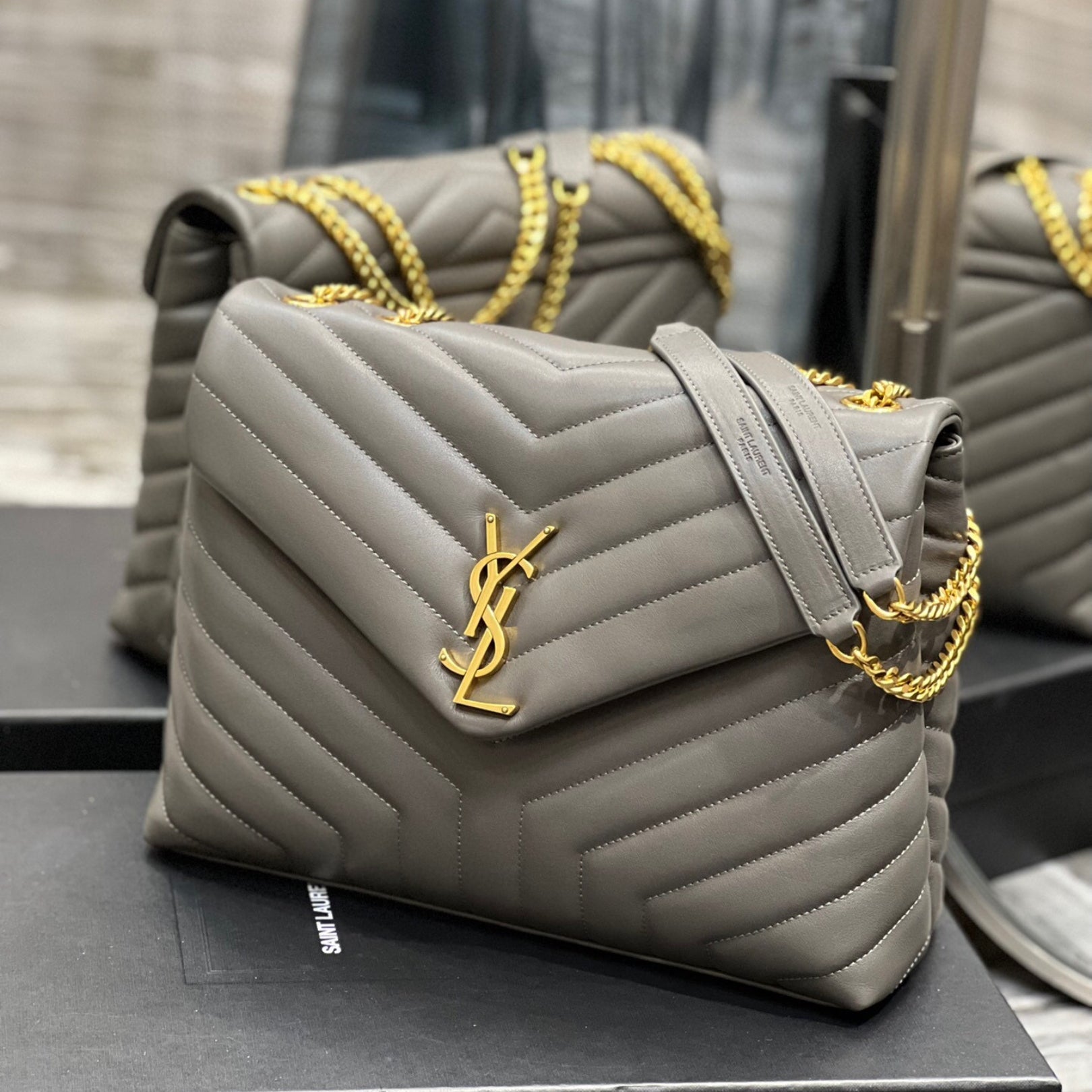 YSL LouLou Shoulder Bag Gray with Gold