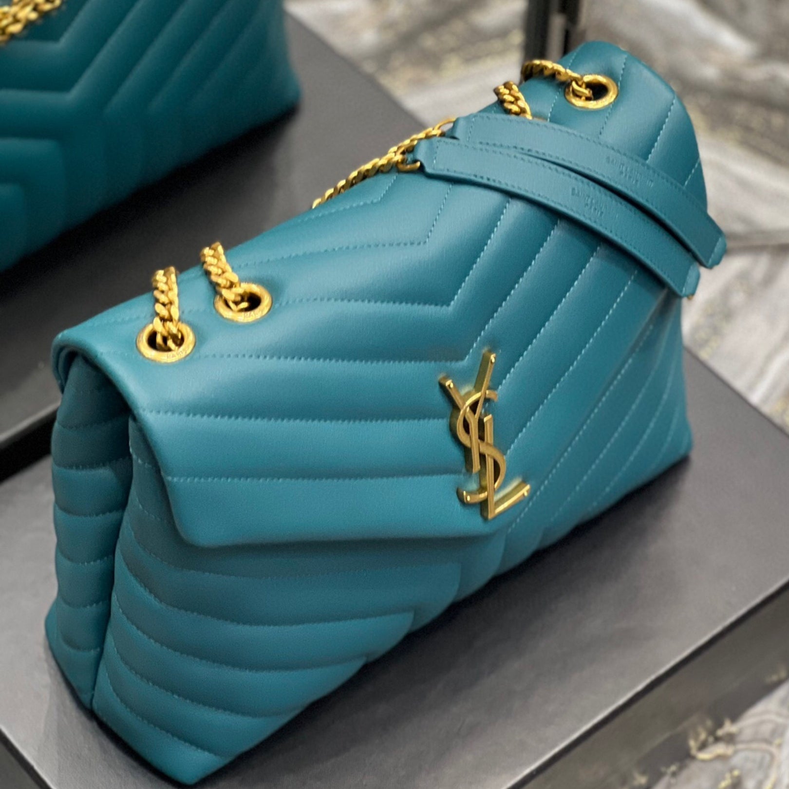 YSL LouLou Shoulder Bag in Turquoise Blue with Gold