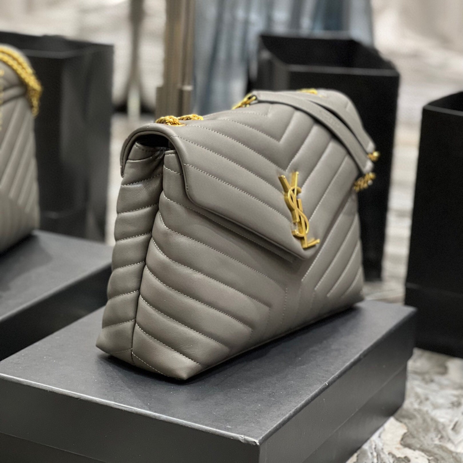 YSL LouLou Shoulder Bag Gray with Gold