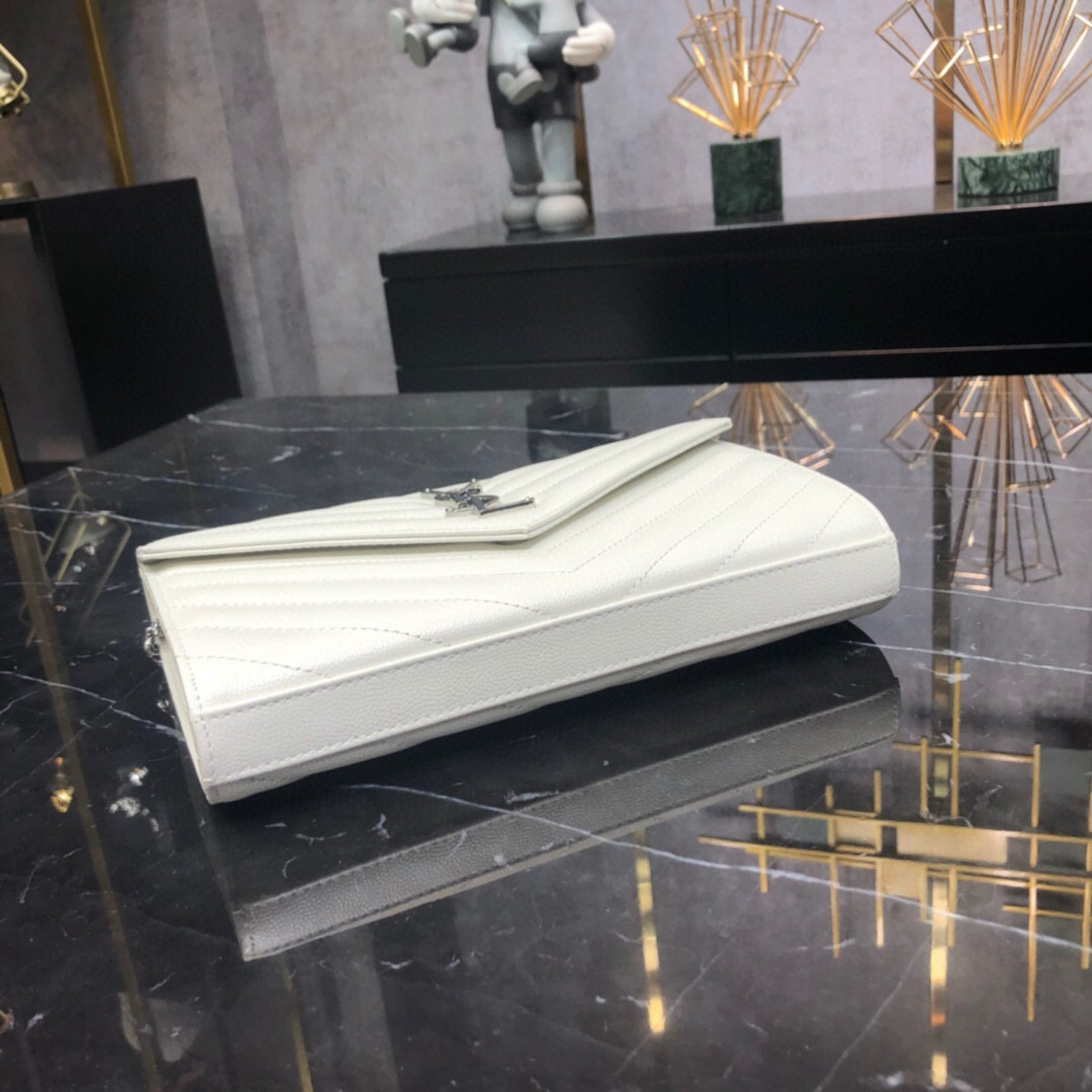 YSL Small Monogram White Bag with Silver Logo