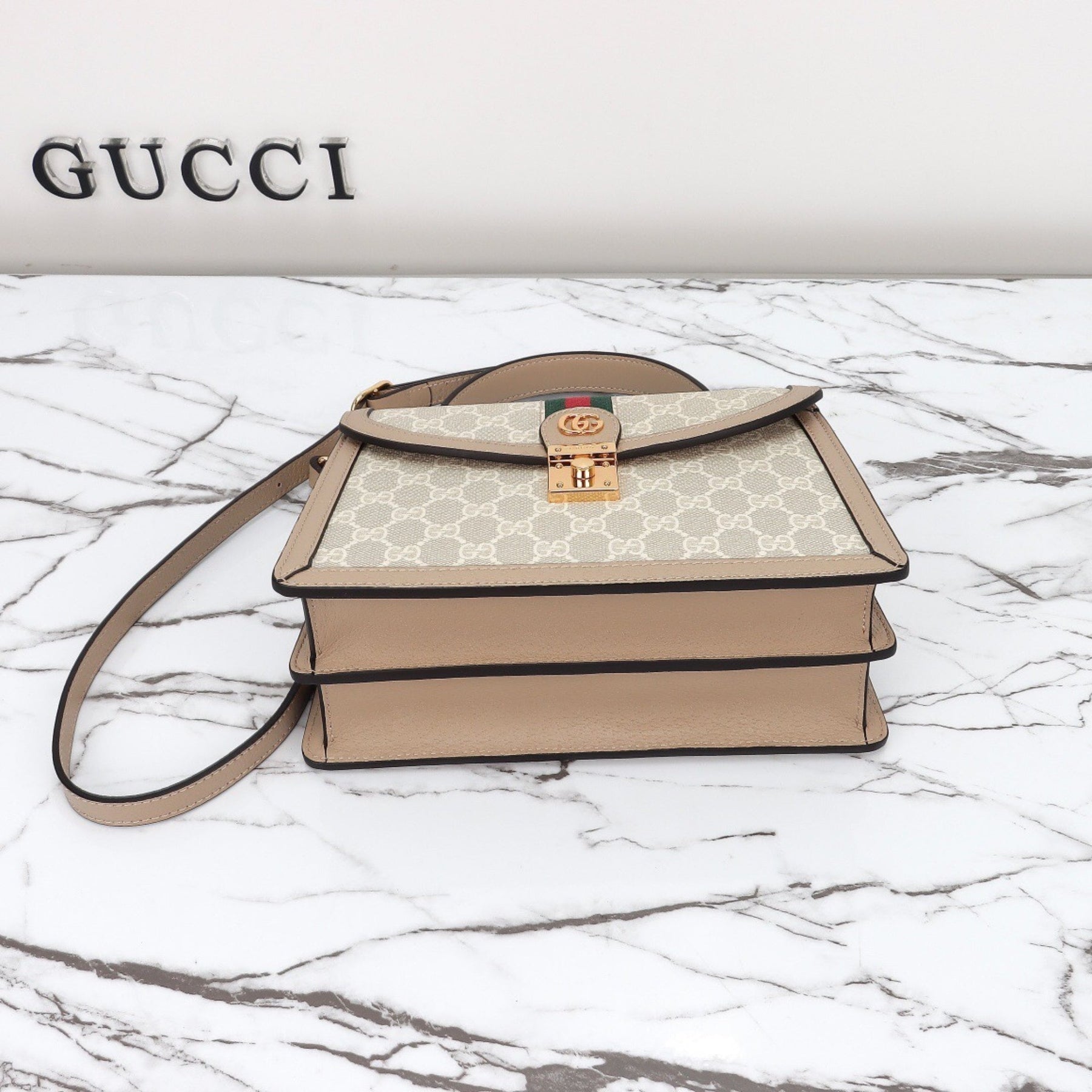 Small Light Beige GG Ophidia Bag with 25cm top handle