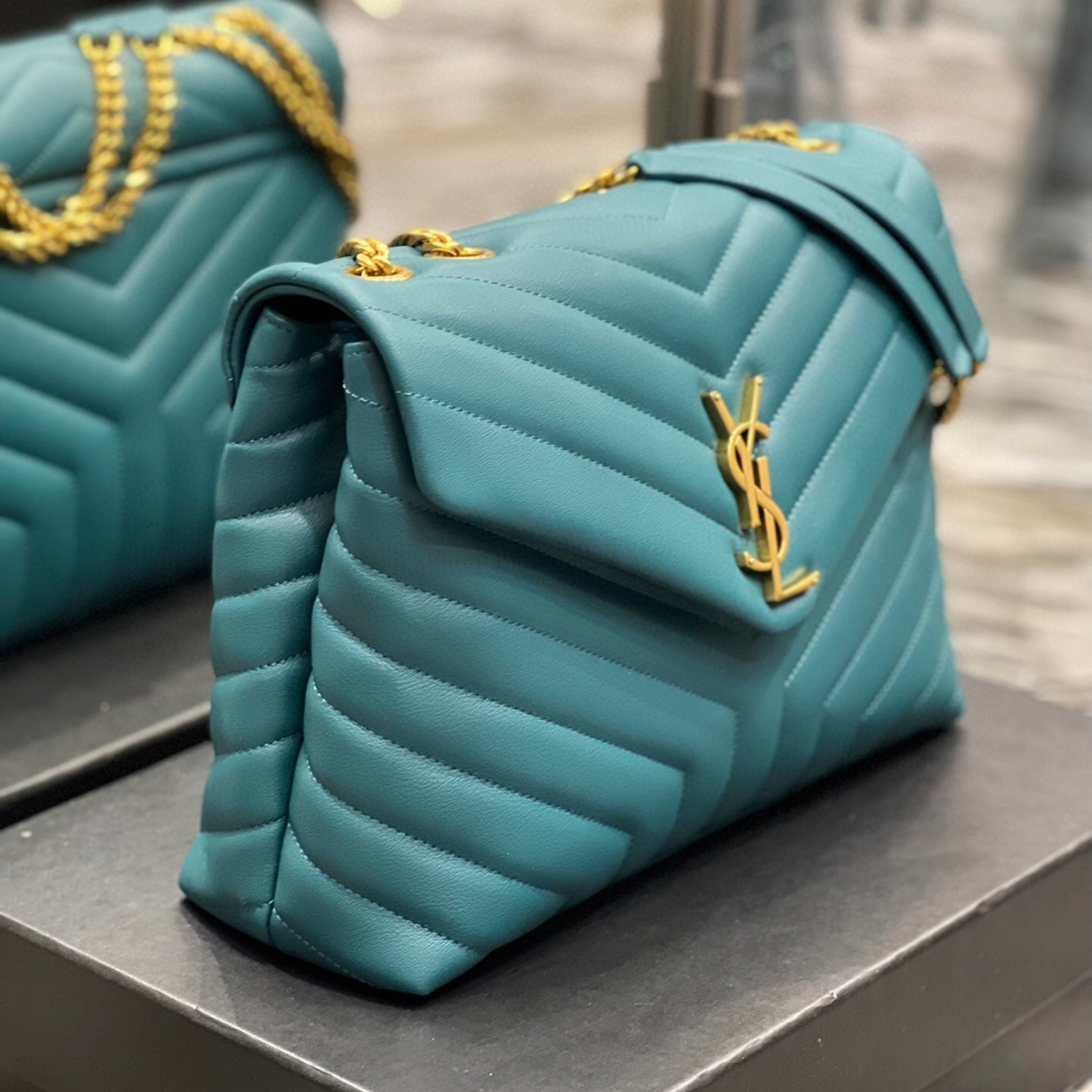 YSL LouLou Shoulder Bag in Turquoise Blue with Gold