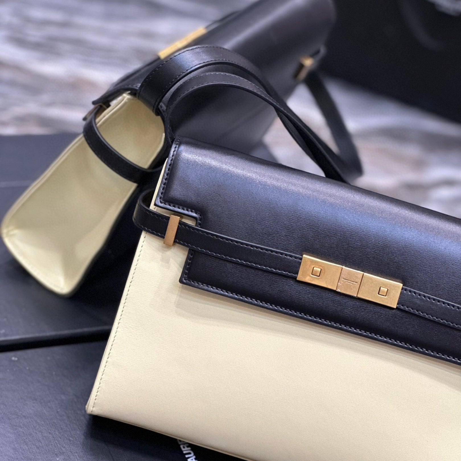 Small Beige and Black YSL Manhattan Bag