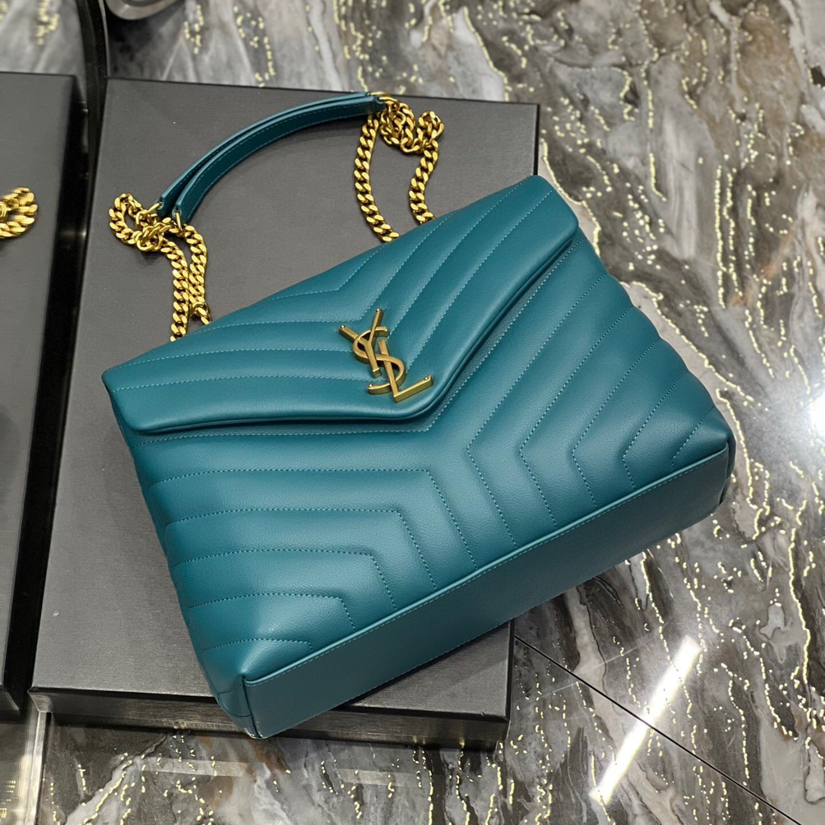 YSL LouLou Shoulder Bag in Turquoise Blue with Gold