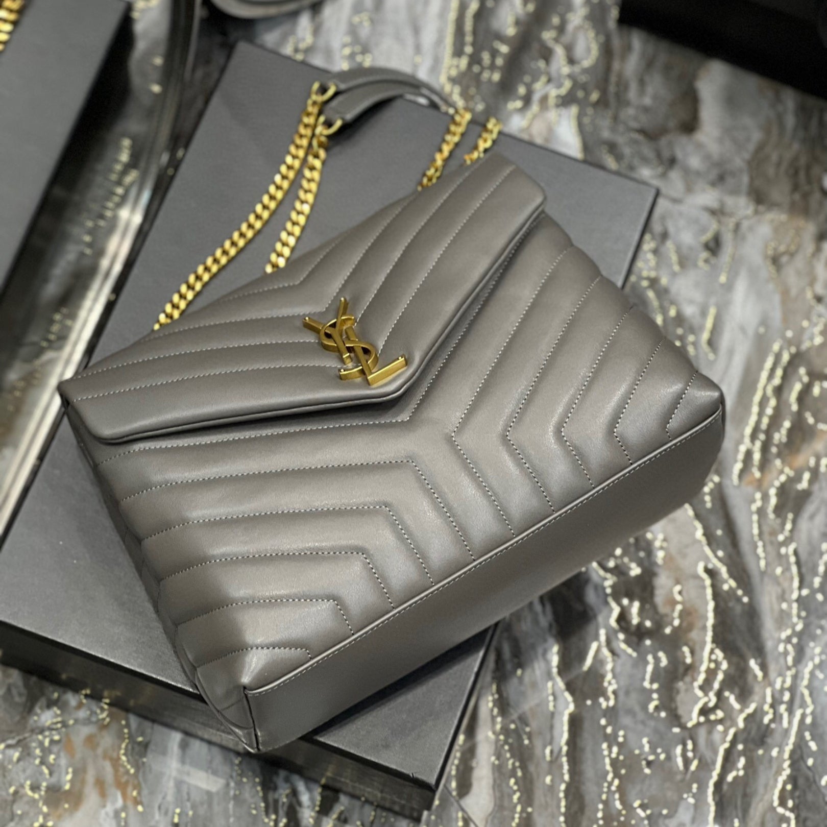 YSL LouLou Shoulder Bag Gray with Gold