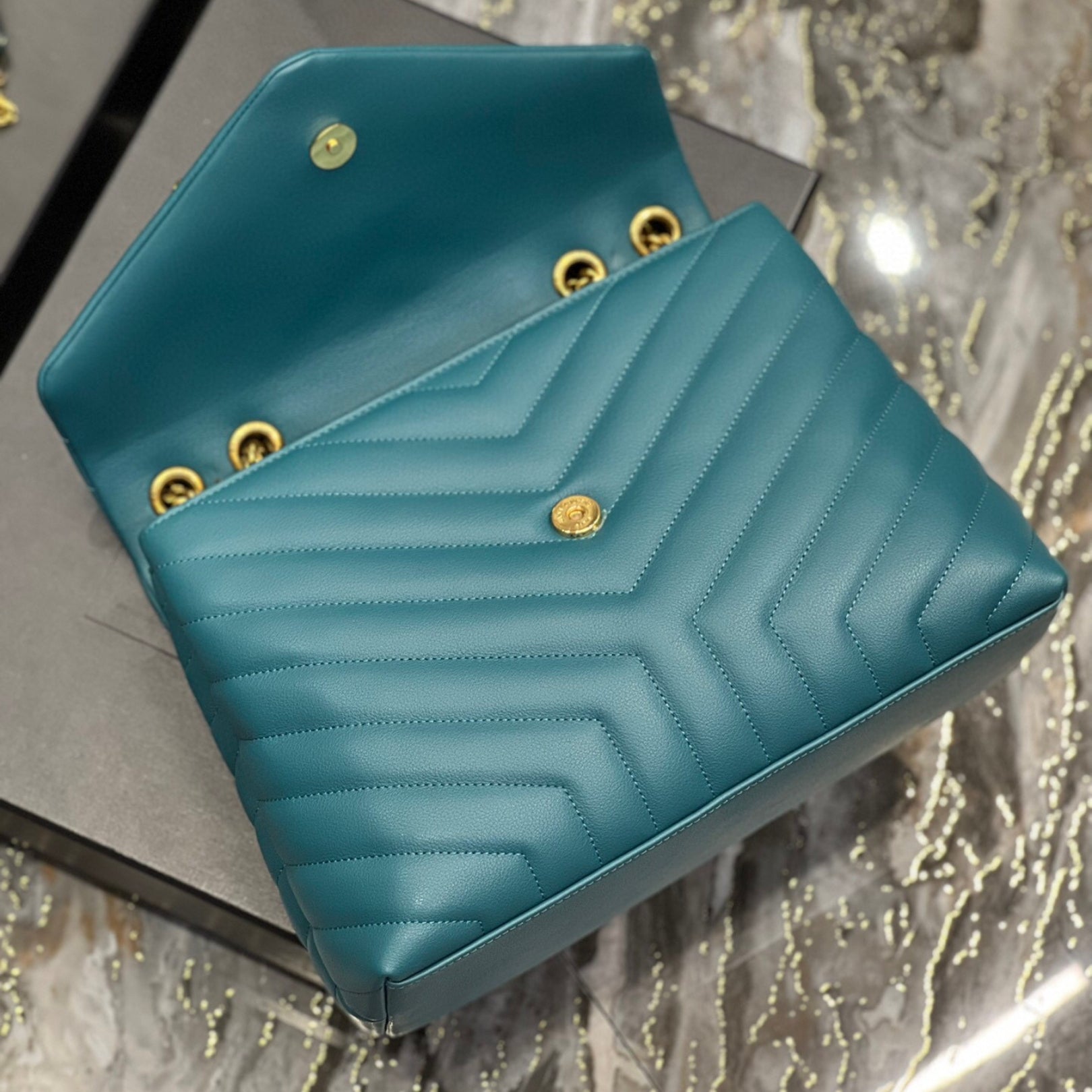 YSL LouLou Shoulder Bag in Turquoise Blue with Gold
