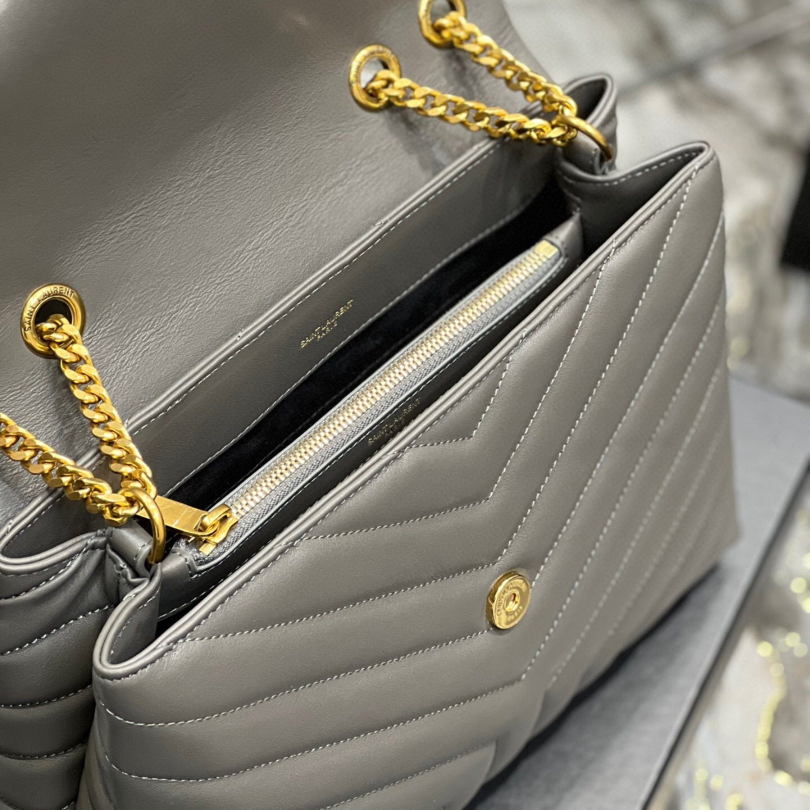 YSL LouLou Shoulder Bag Gray with Gold