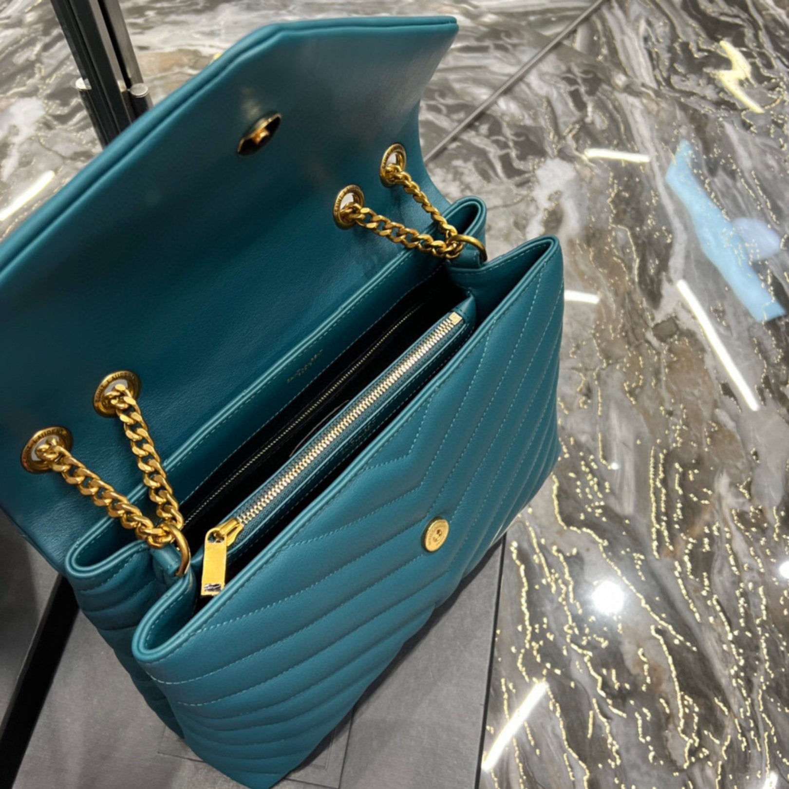 YSL LouLou Shoulder Bag in Turquoise Blue with Gold