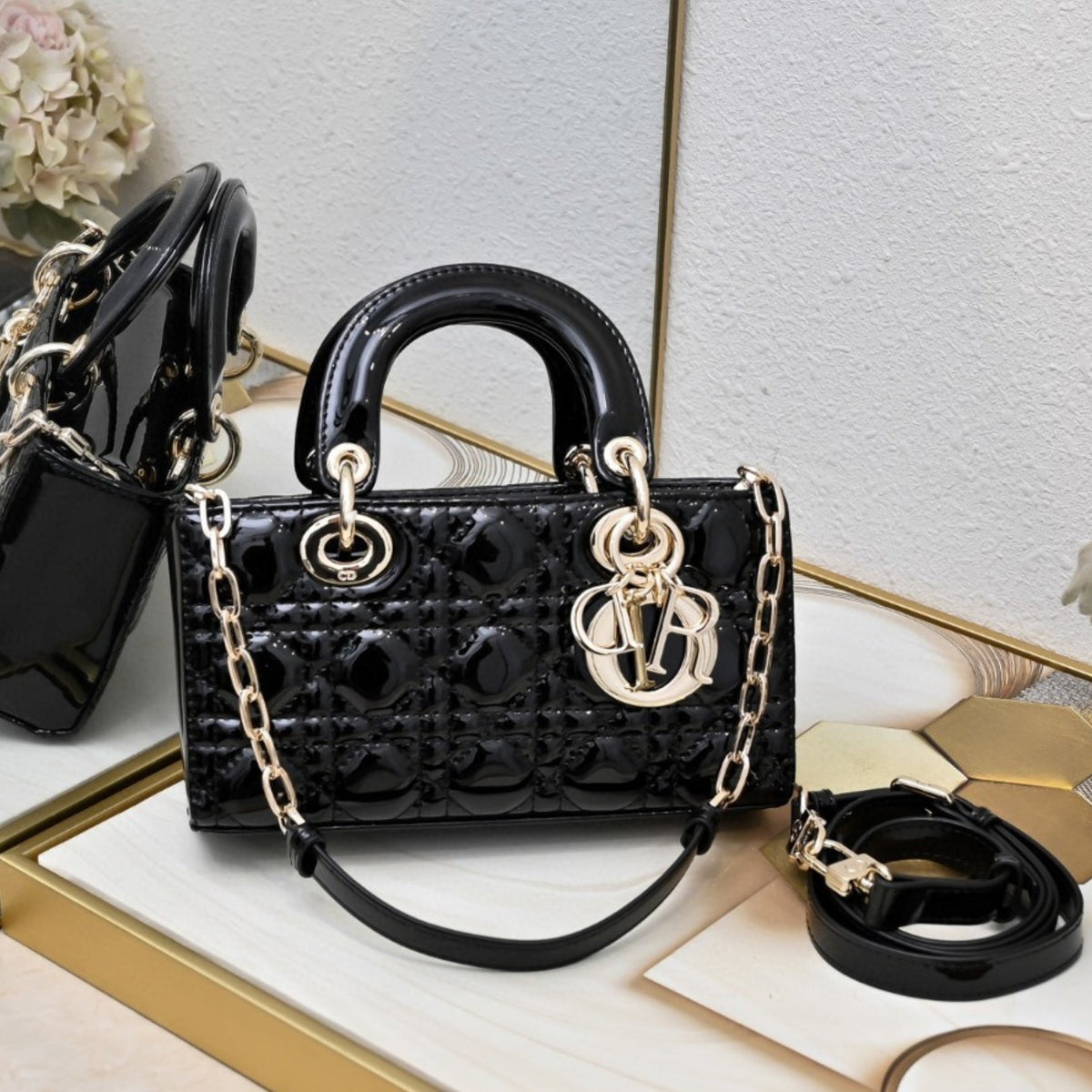 Dio Lady Joy Small Black Patent Leather Bag 22cm