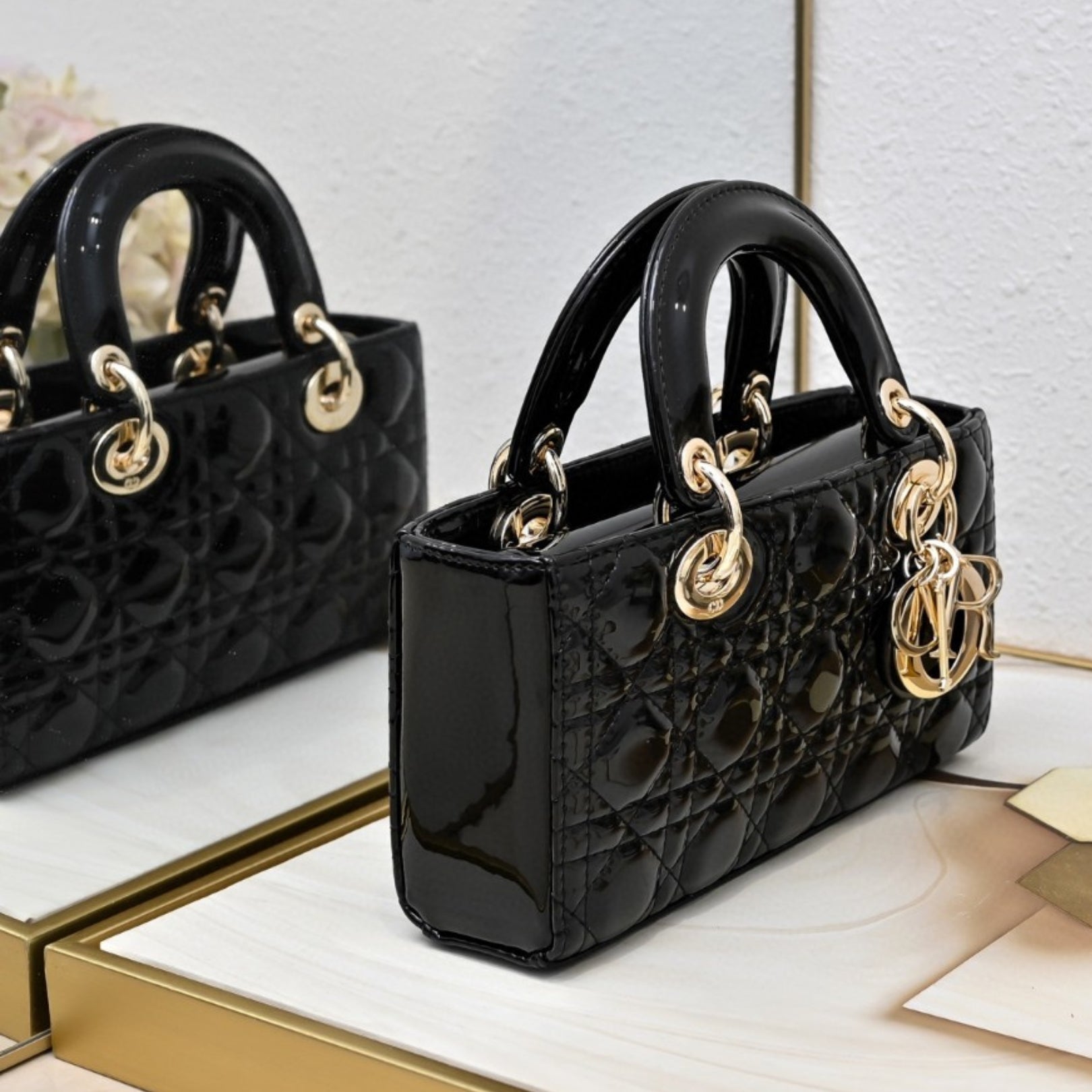 Dio Lady Joy Small Black Patent Leather Bag 22cm