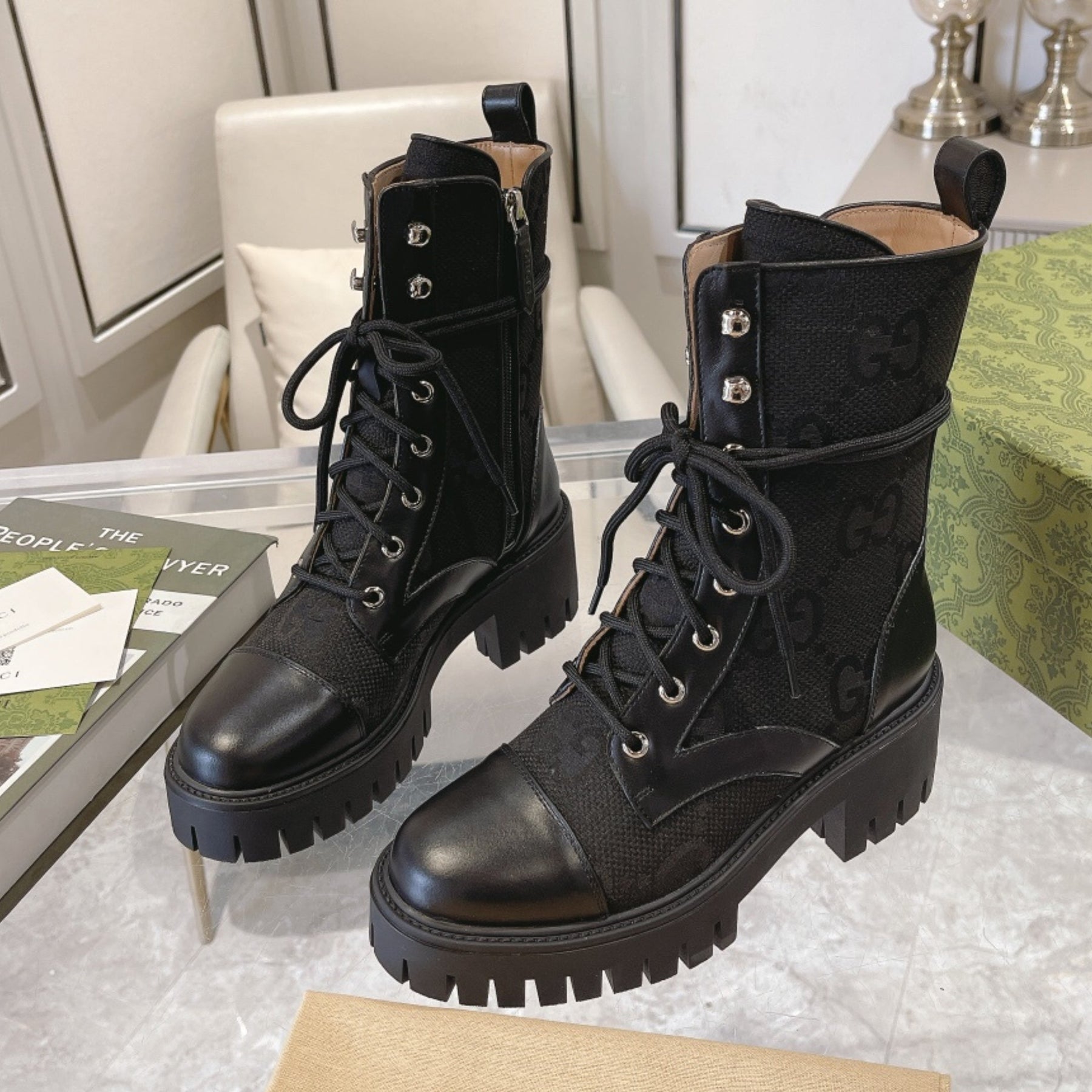 GG quilted boot with 60mm heel, GG canvas, mid-calf