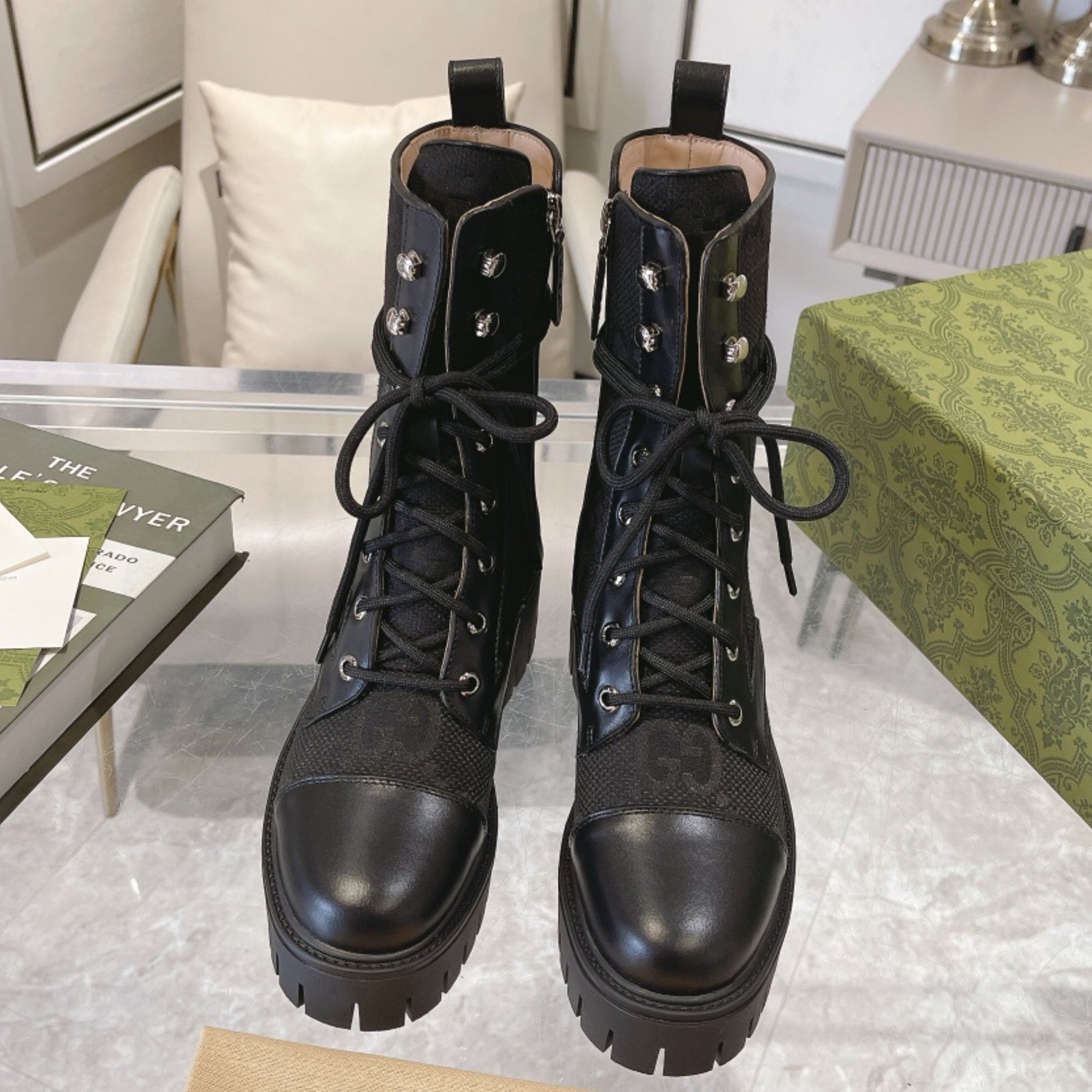 GG quilted boot with 60mm heel, GG canvas, mid-calf