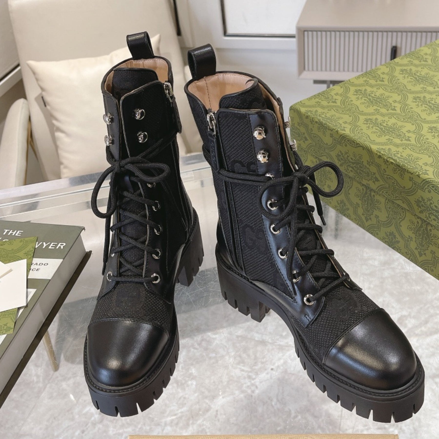 GG quilted boot with 60mm heel, GG canvas, mid-calf