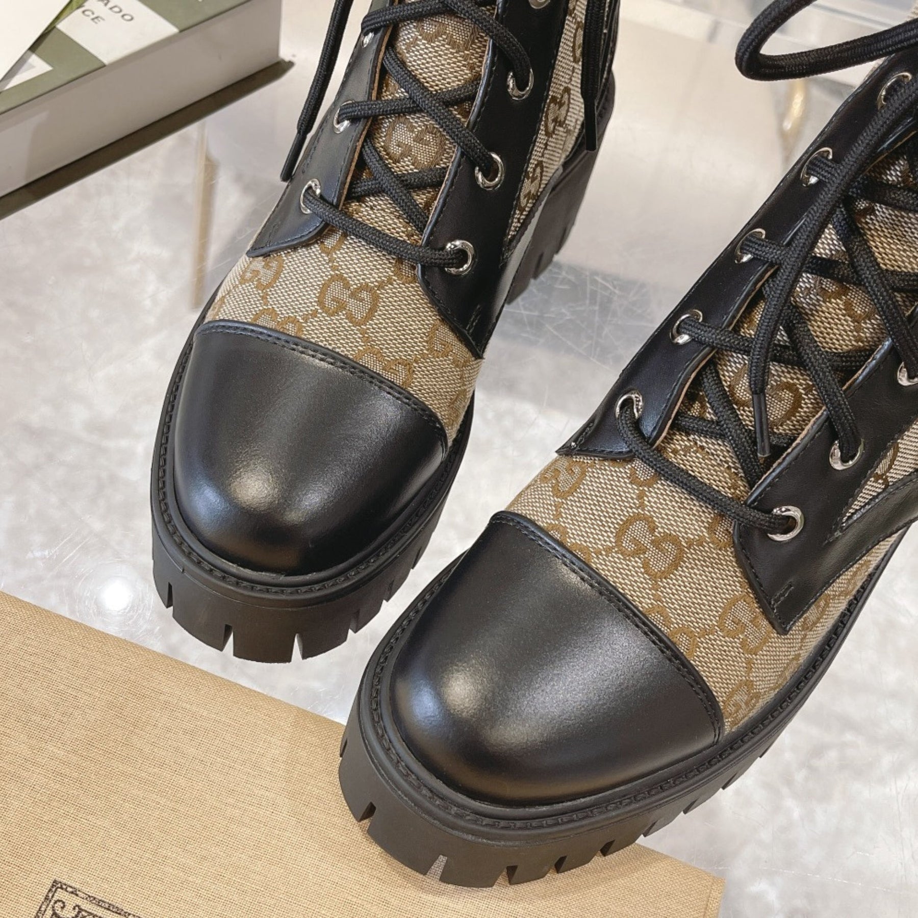 GG quilted boot with 60mm heel, mid-calf beige canvas