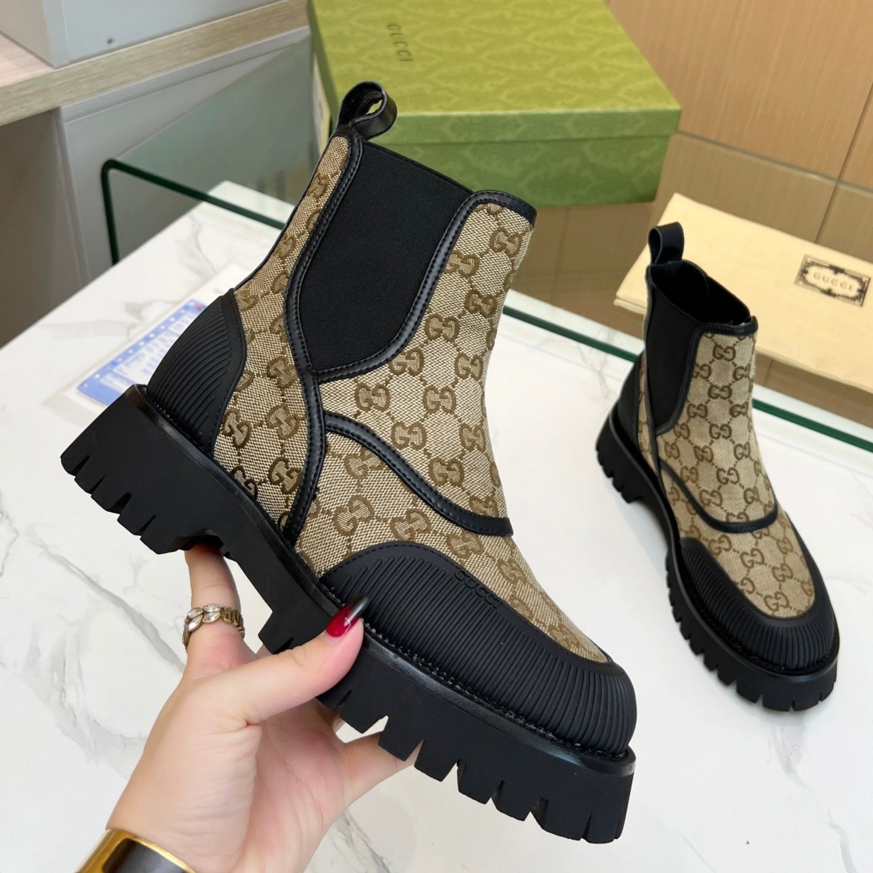 GG Canvas Ankle Boot Beige