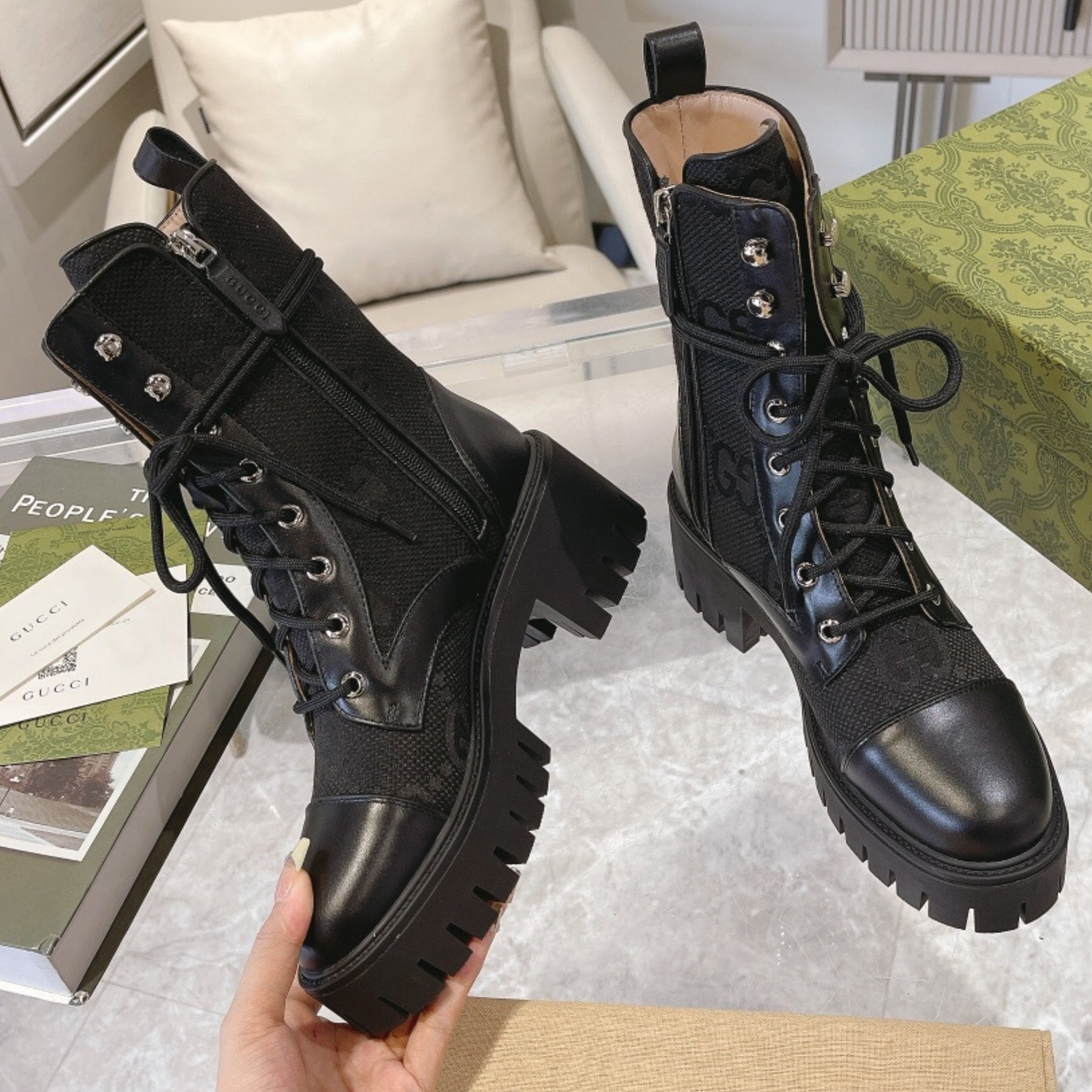 GG quilted boot with 60mm heel, GG canvas, mid-calf