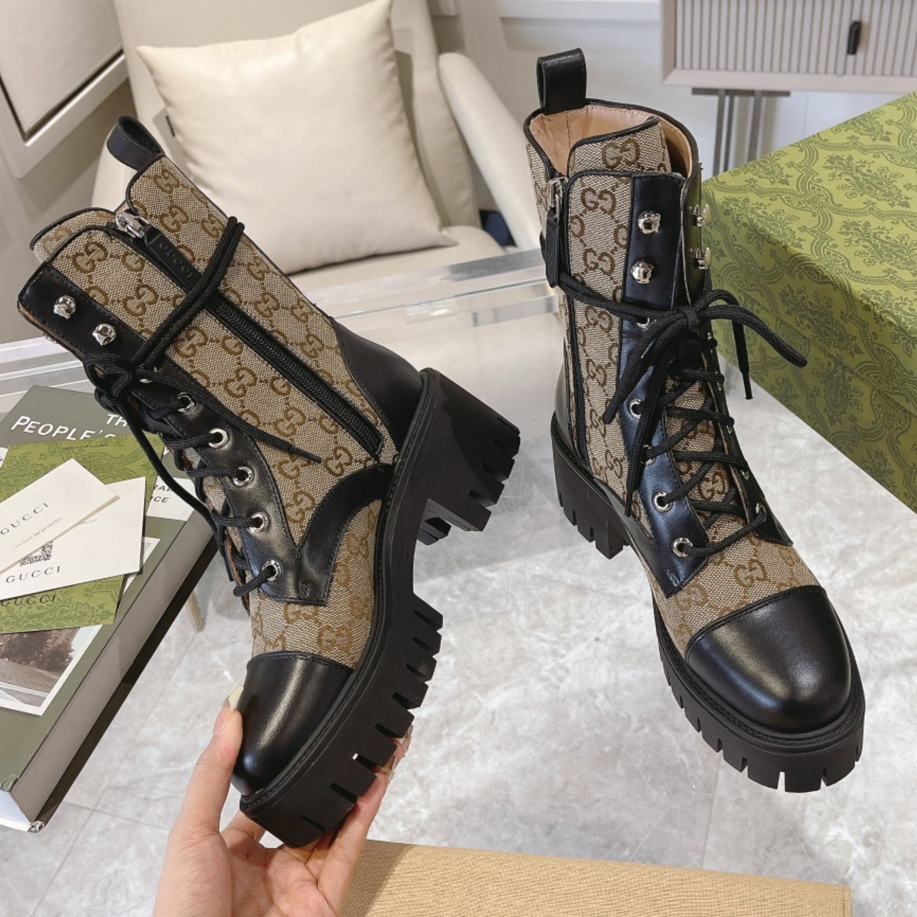 GG quilted boot with 60mm heel, mid-calf beige canvas