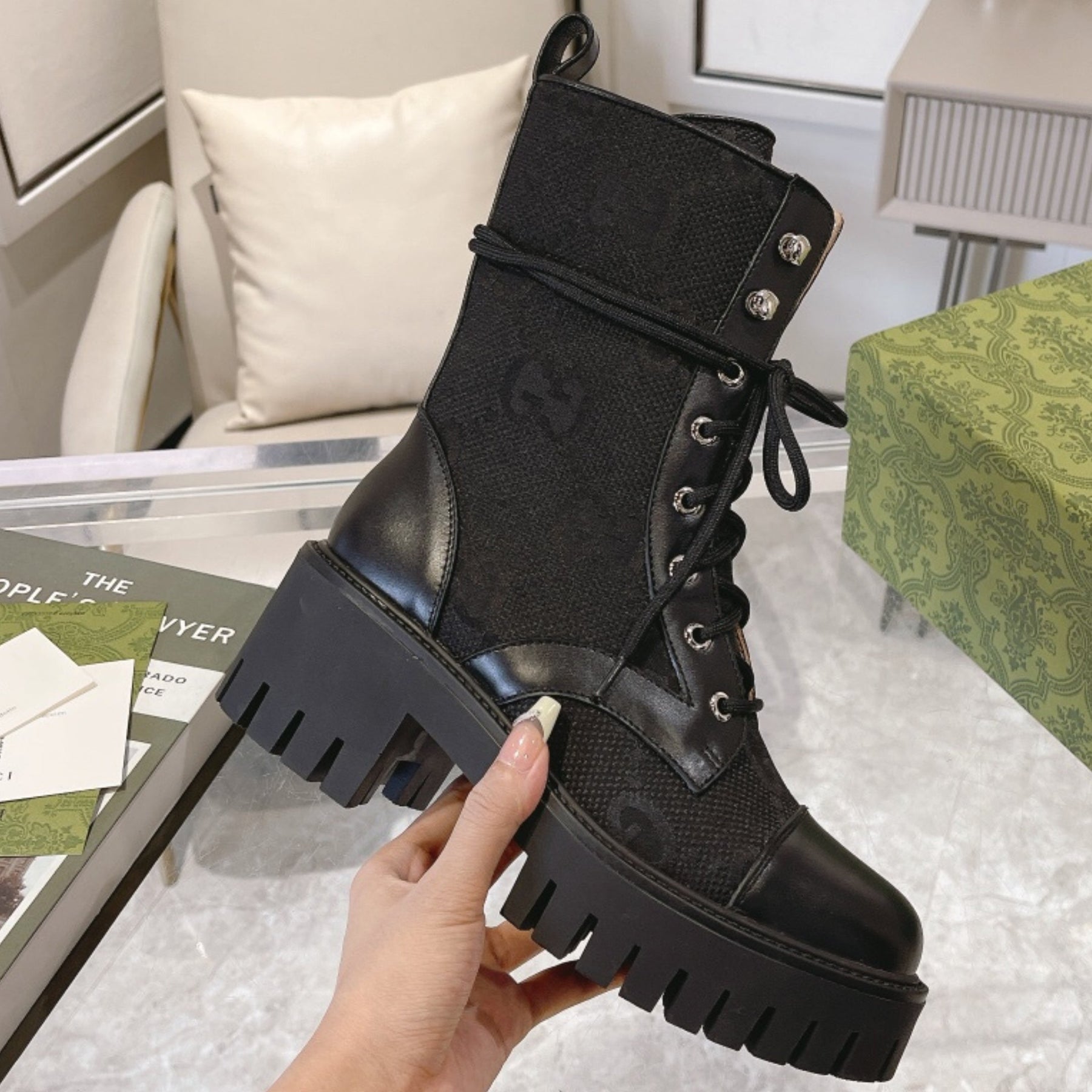 GG quilted boot with 60mm heel, GG canvas, mid-calf