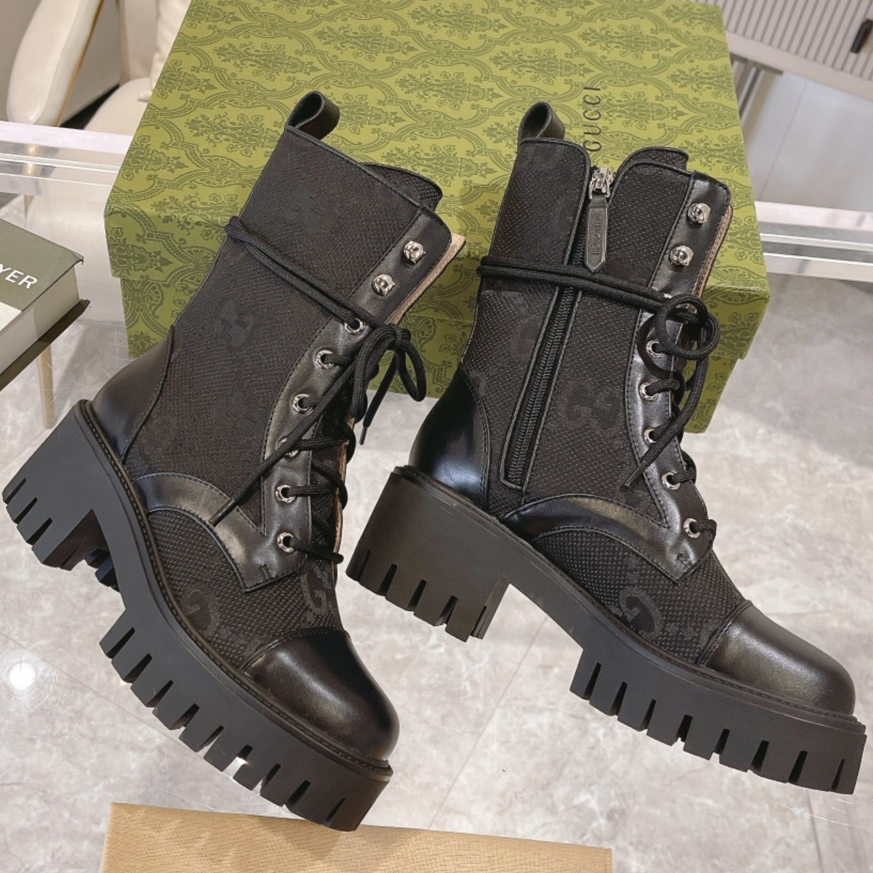 GG quilted boot with 60mm heel, GG canvas, mid-calf