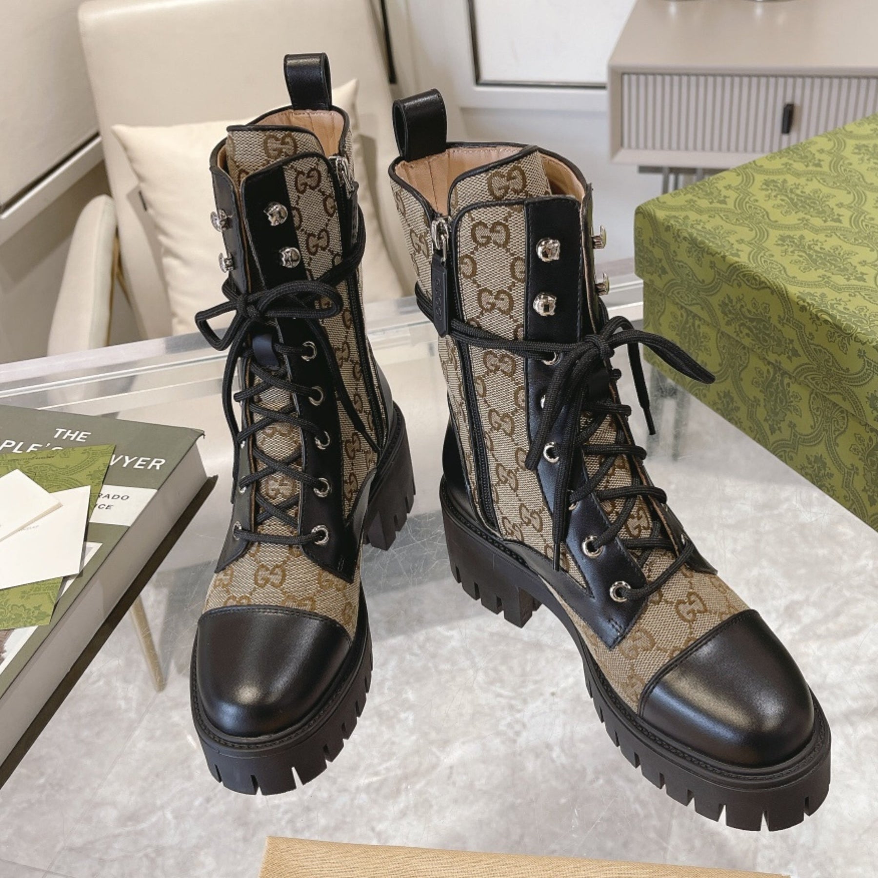 GG quilted boot with 60mm heel, mid-calf beige canvas