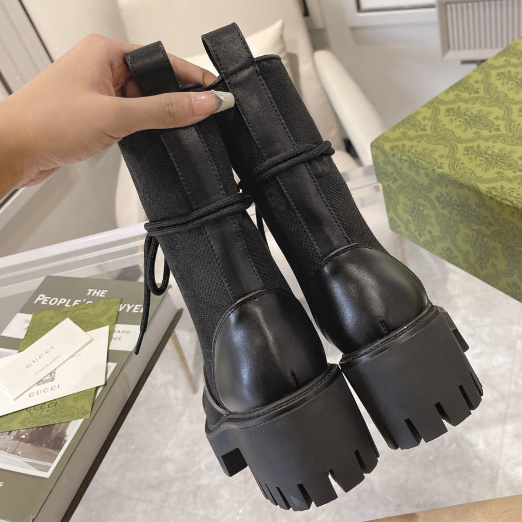 GG quilted boot with 60mm heel, GG canvas, mid-calf