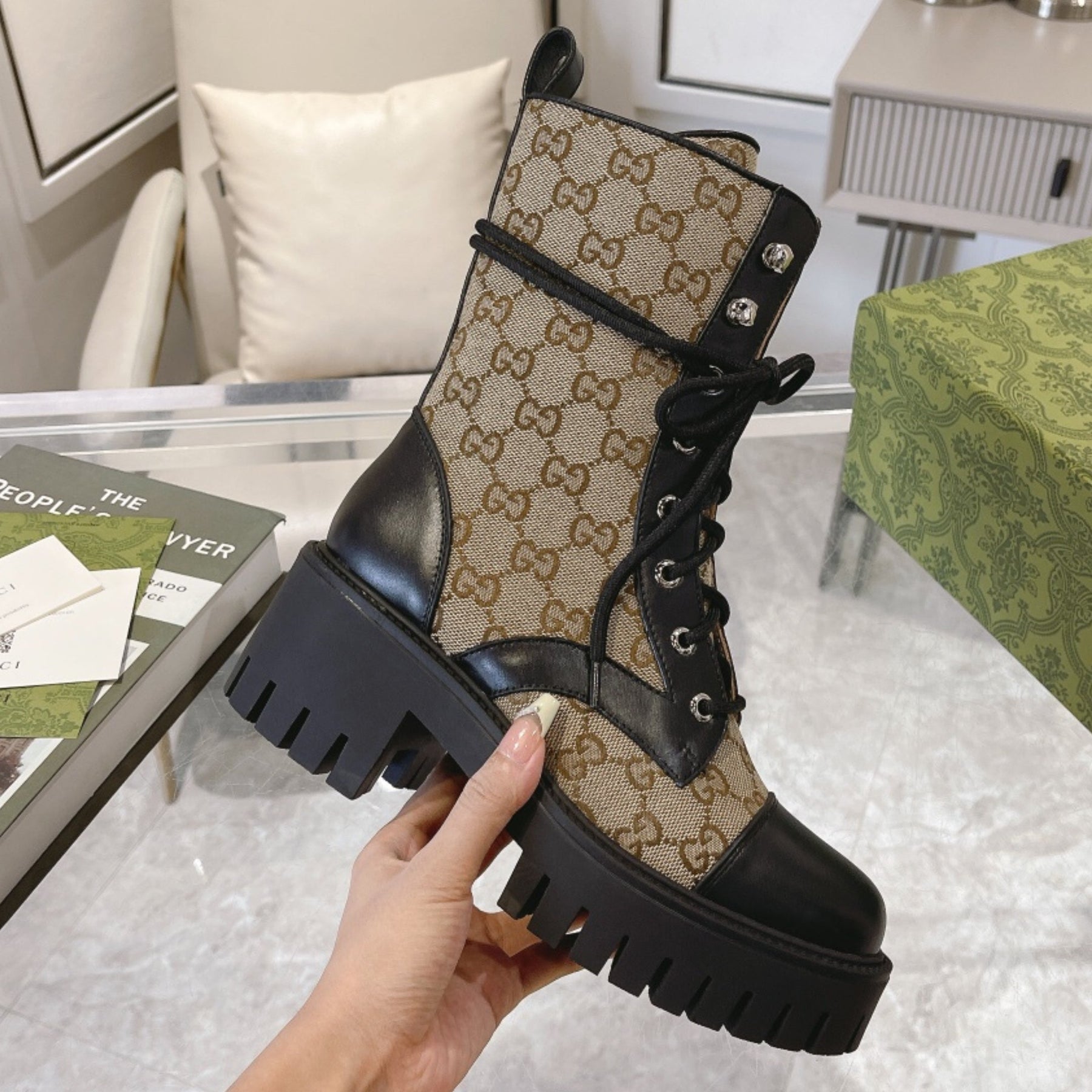 GG quilted boot with 60mm heel, mid-calf beige canvas