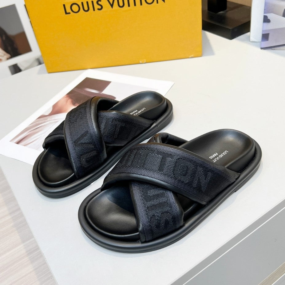 LV Black Leather Slide Flip Flops