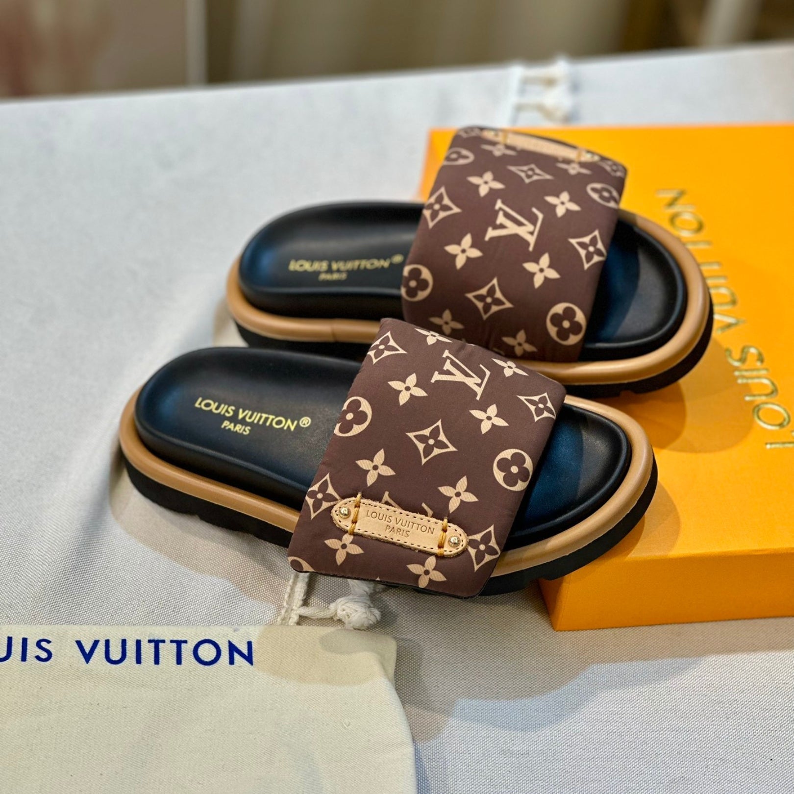 Lv pool pillow flat comfort brown flip flops
