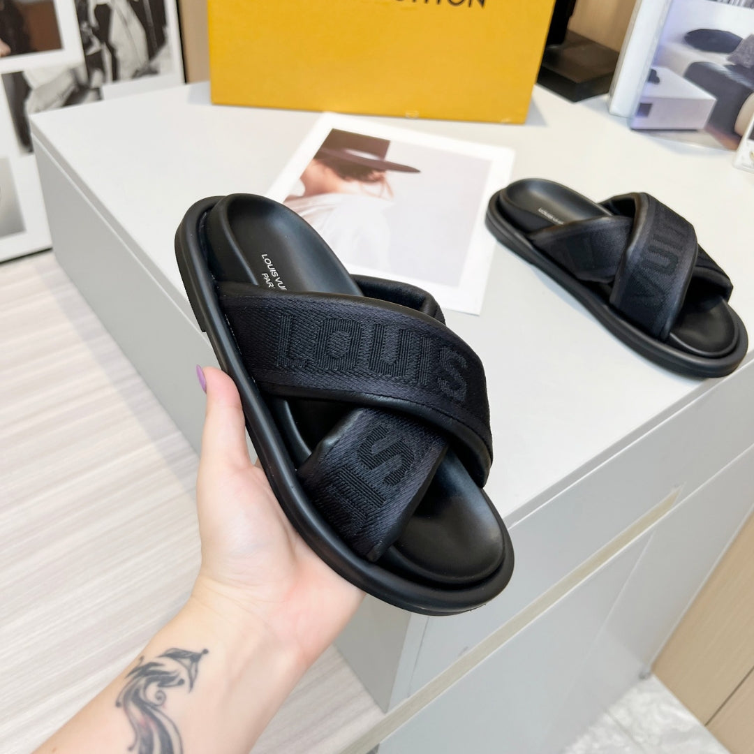 LV Black Leather Slide Flip Flops