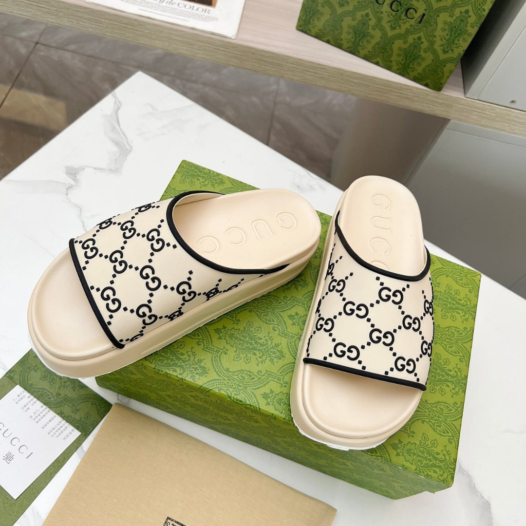 GG Beige Canvas Black Slide Flip Flops Details