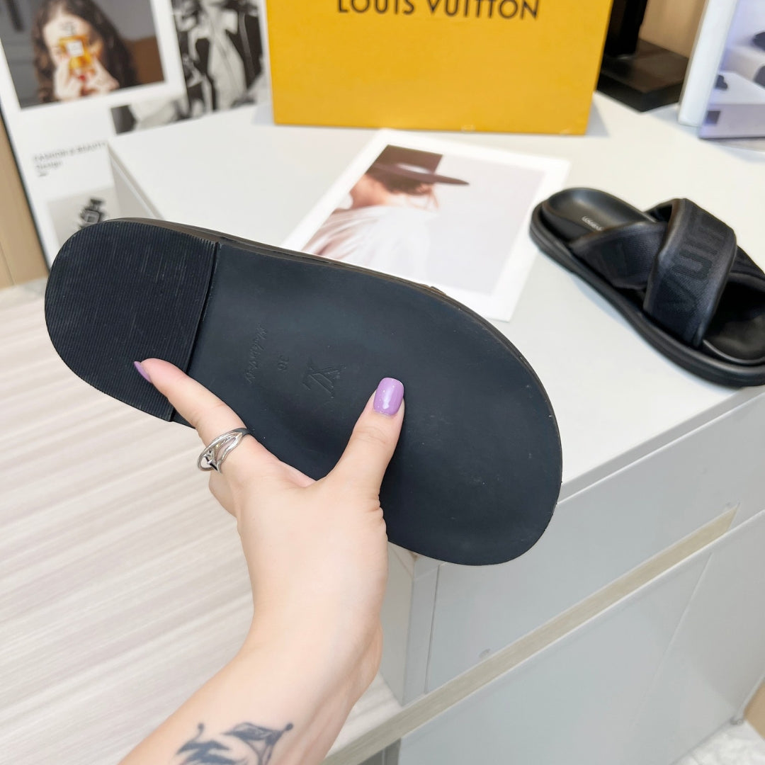 LV Black Leather Slide Flip Flops