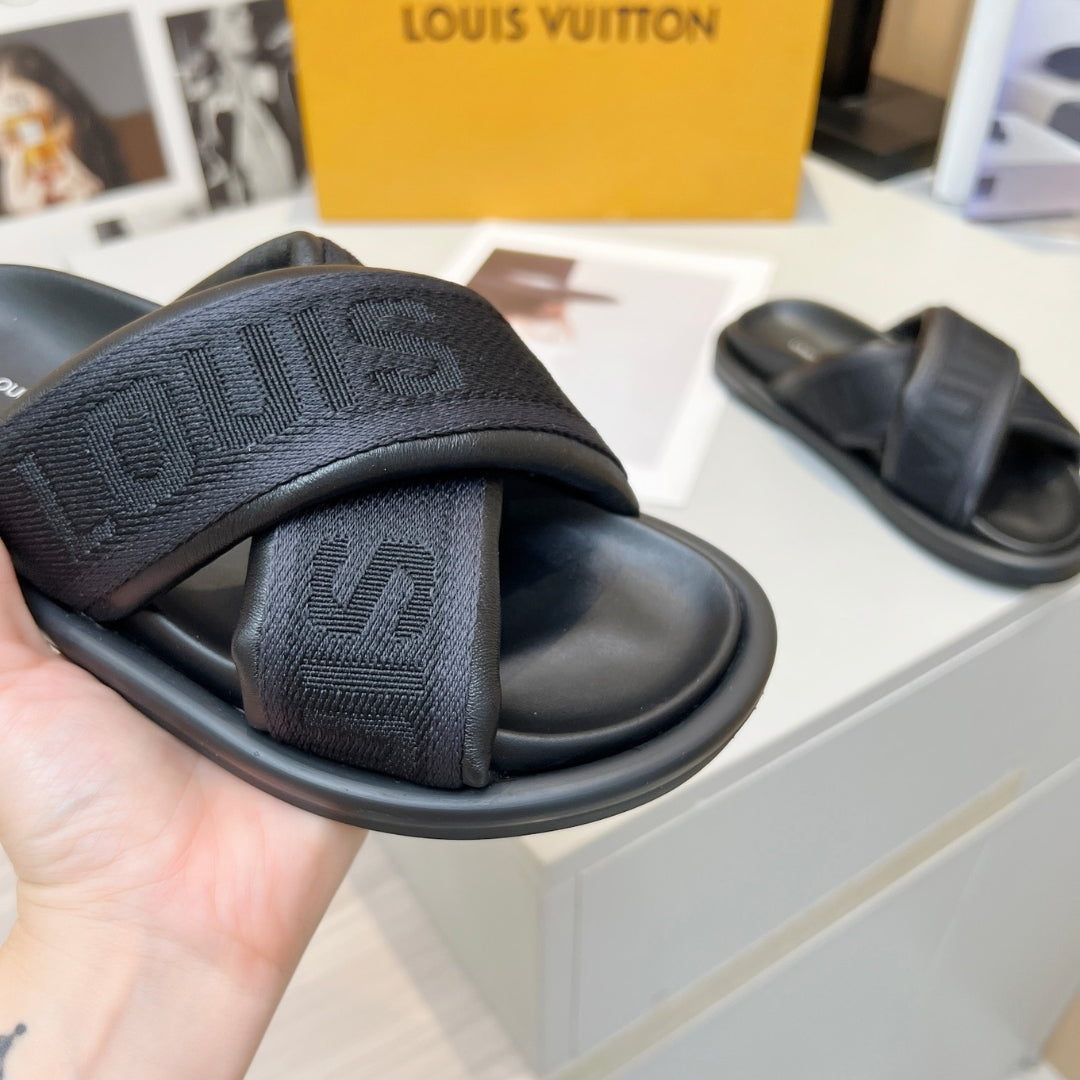 LV Black Leather Slide Flip Flops