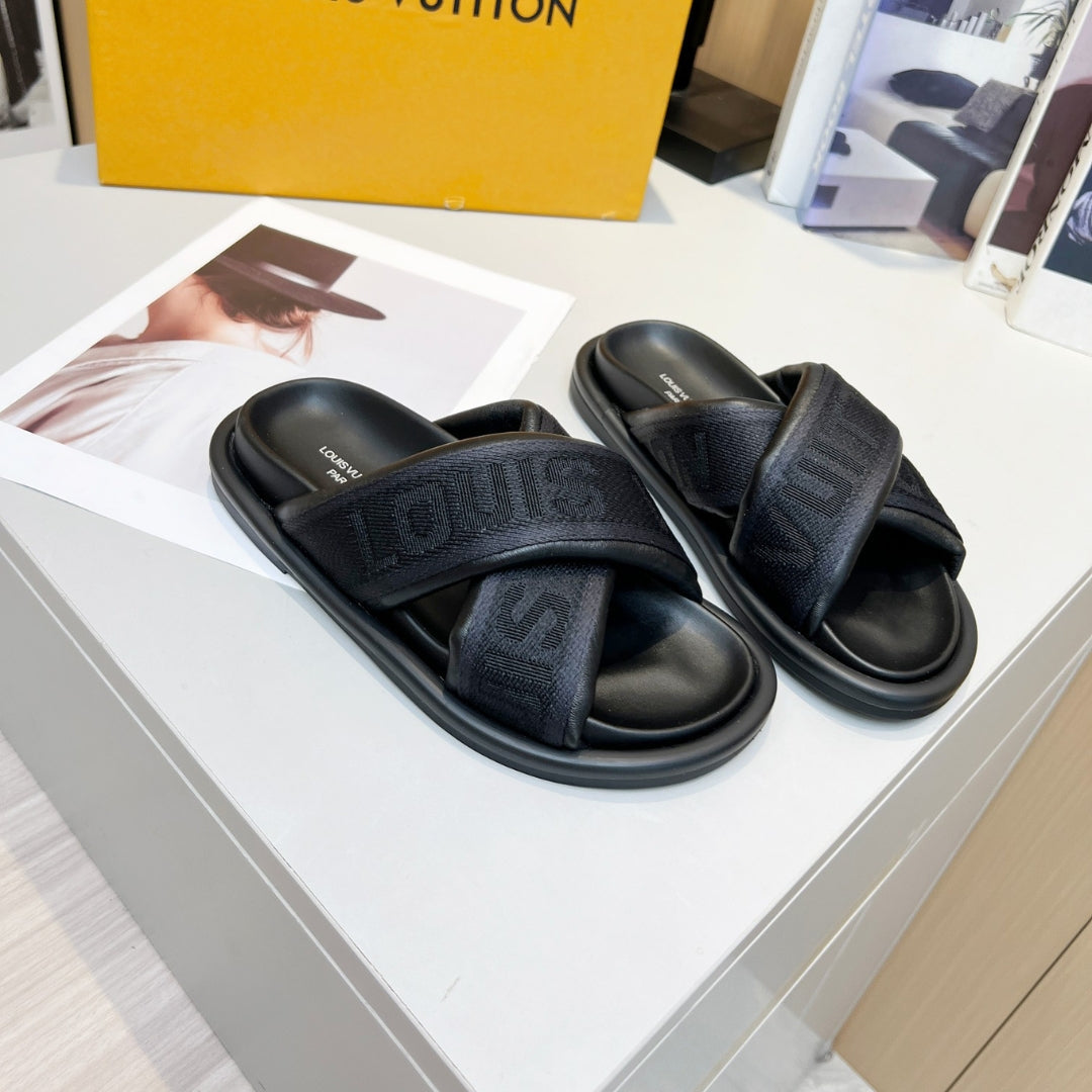LV Black Leather Slide Flip Flops
