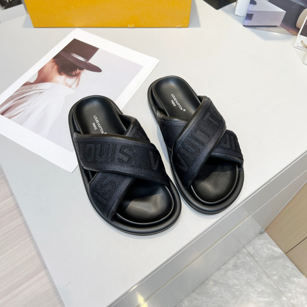 LV Black Leather Slide Flip Flops