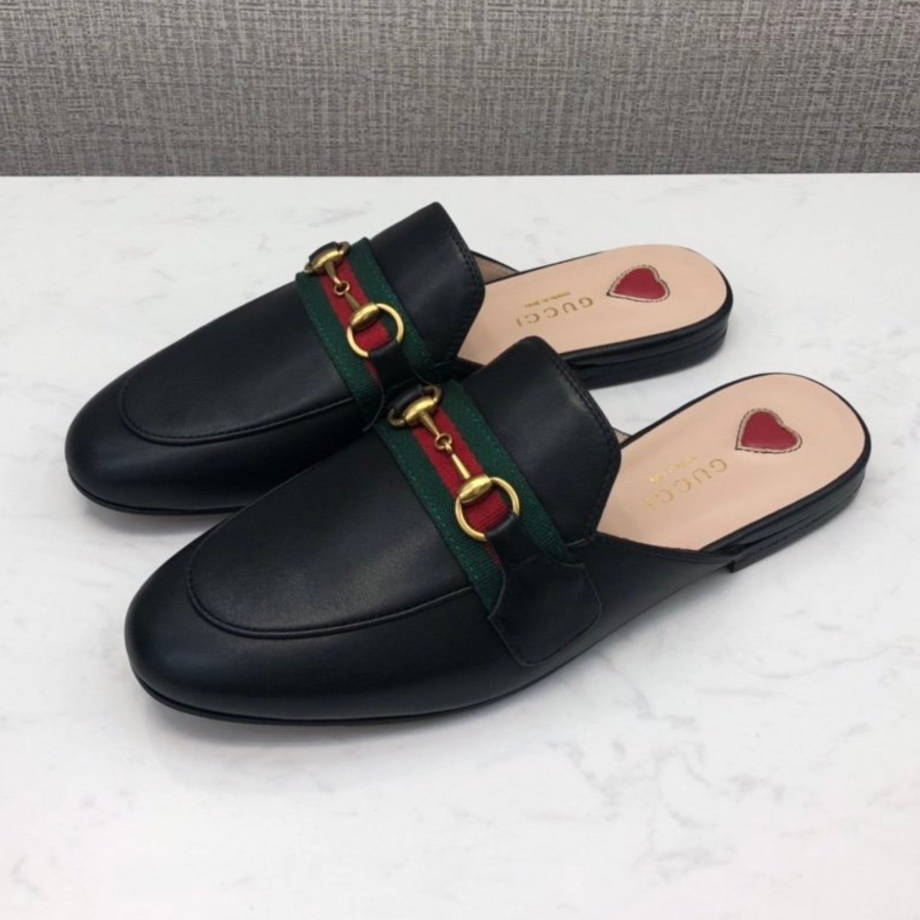 GG Princetown Black Leather Mule with Strap