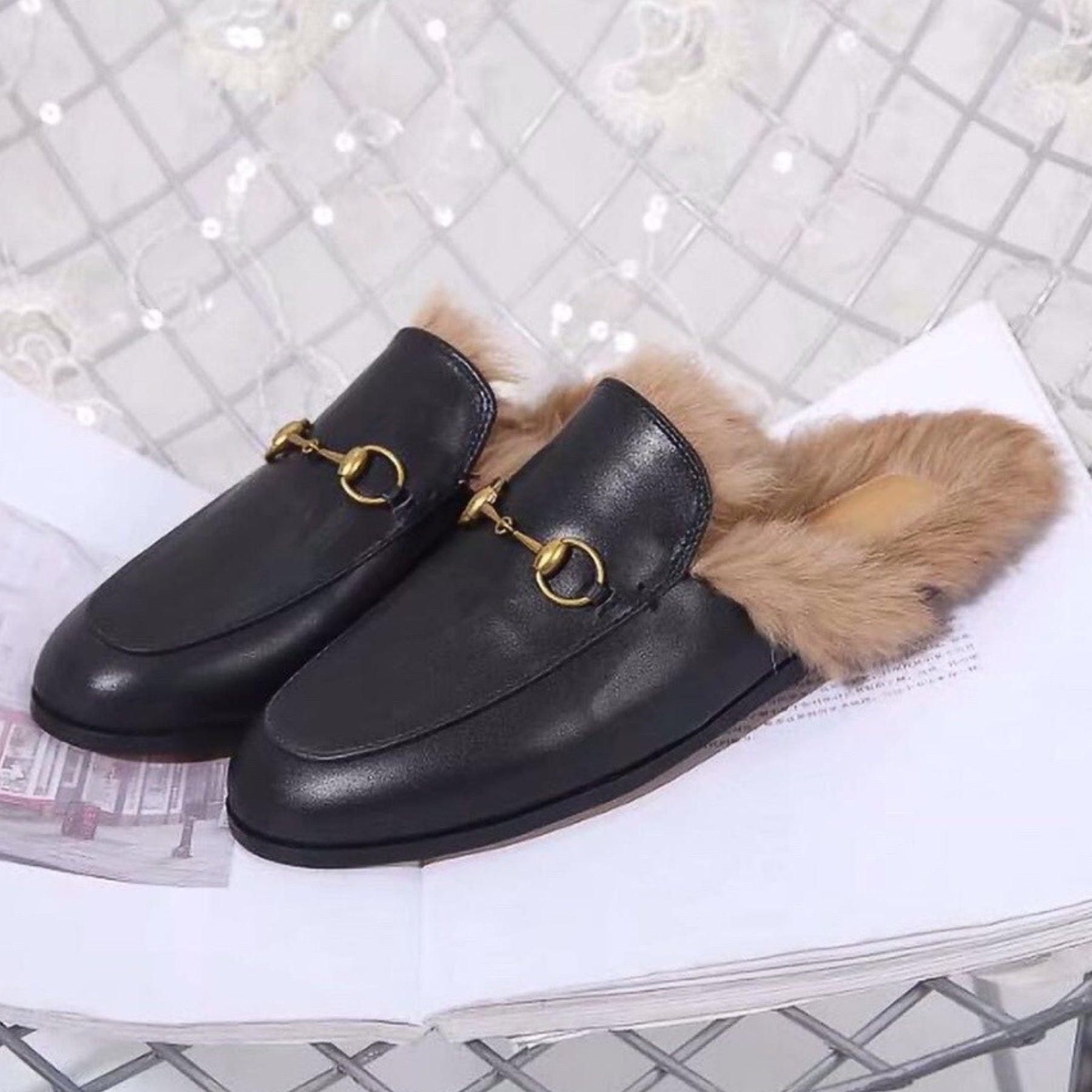 GG Princetown Black Leather Mule with Fur