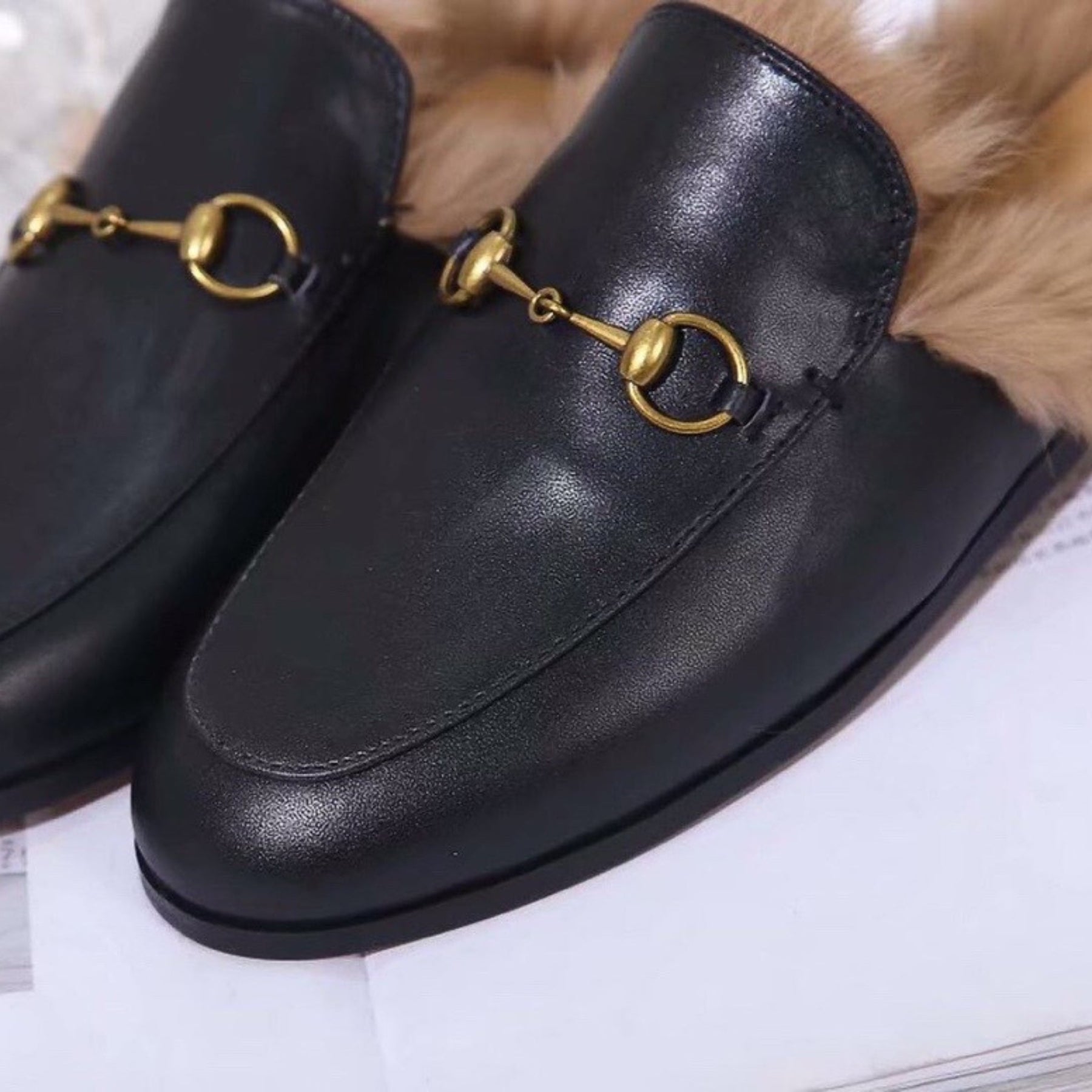 GG Princetown Black Leather Mule with Fur