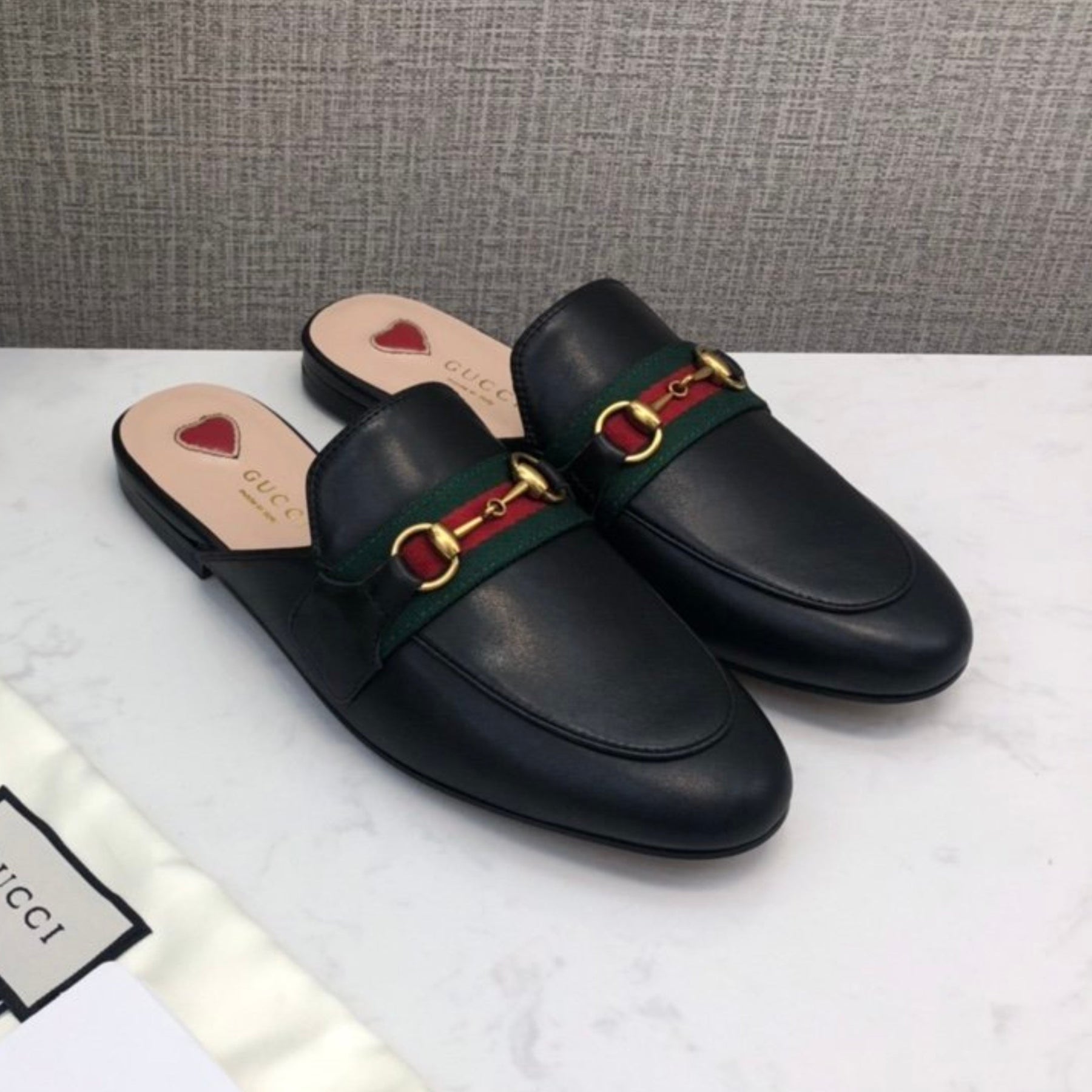 GG Princetown Black Leather Mule with Strap