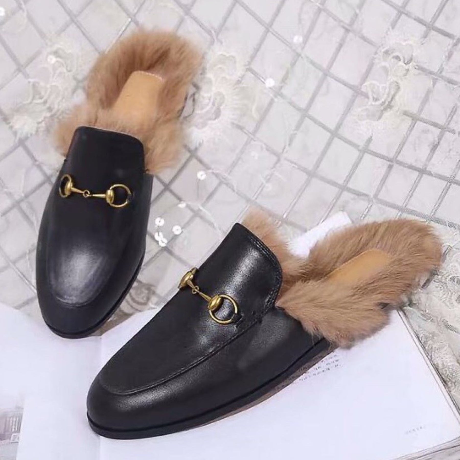 GG Princetown Black Leather Mule with Fur