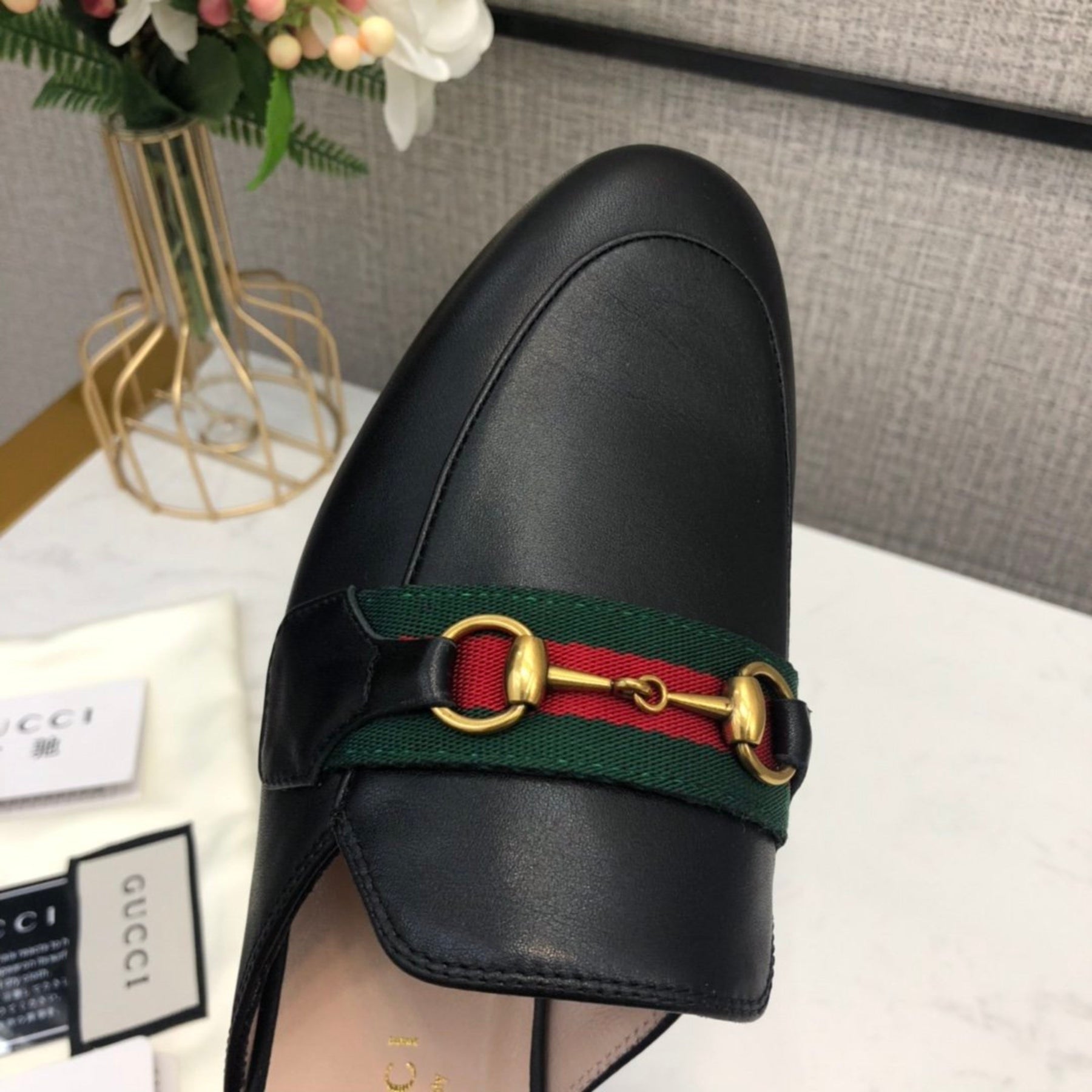 GG Princetown Black Leather Mule with Strap