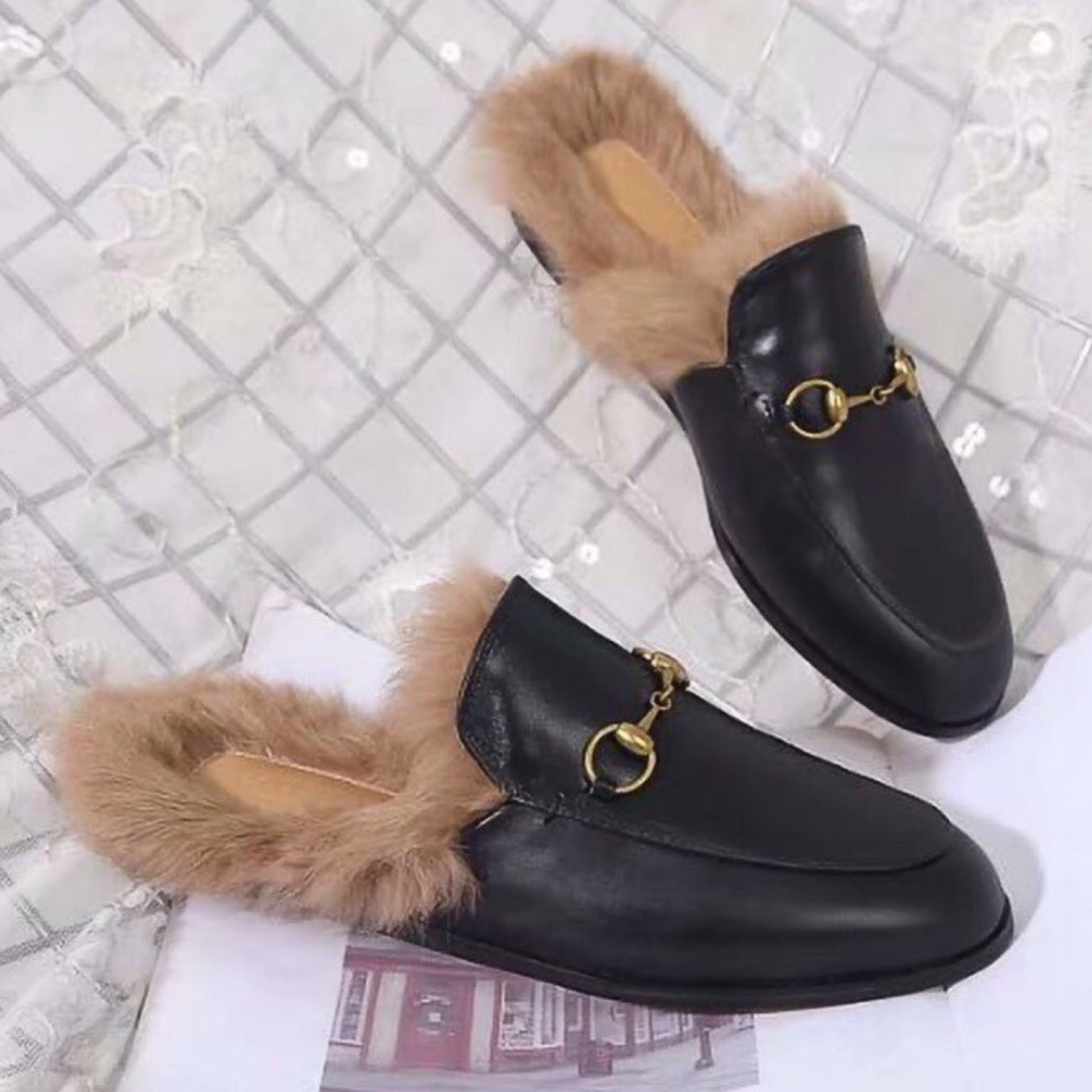 GG Princetown Black Leather Mule with Fur