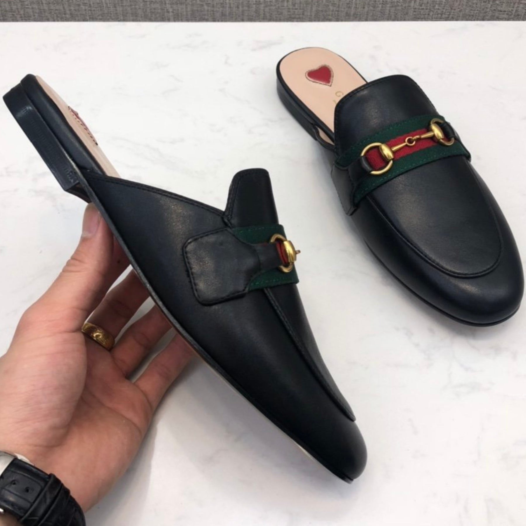 GG Princetown Black Leather Mule with Strap