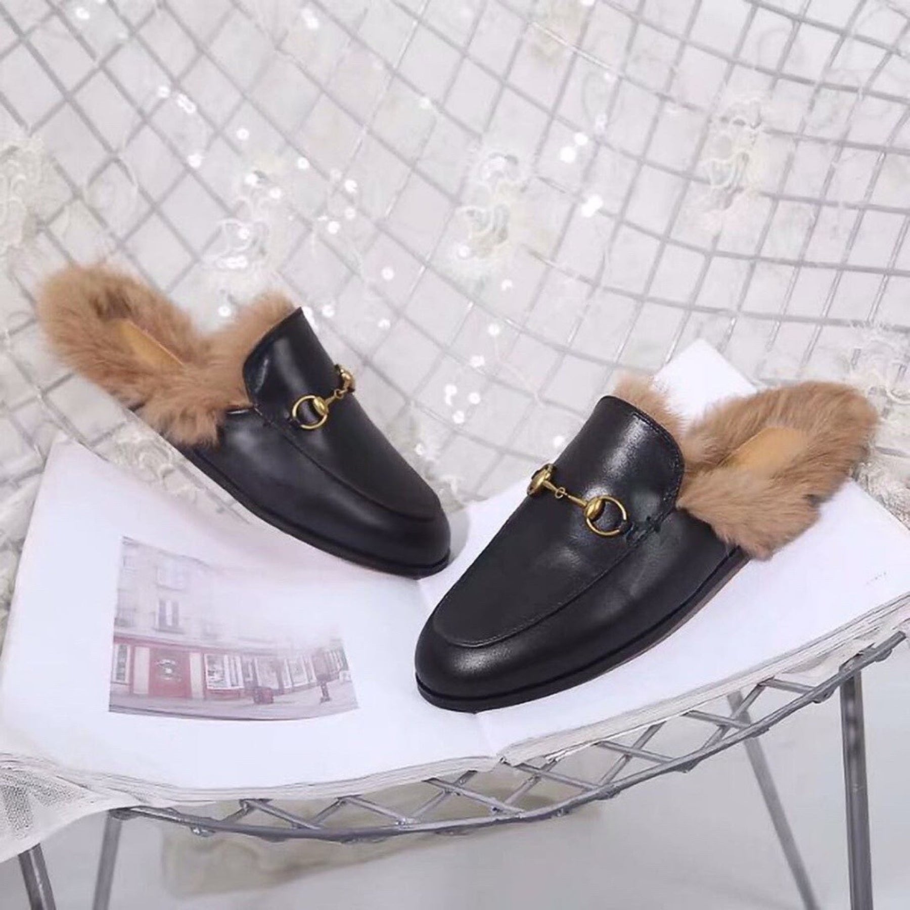 GG Princetown Black Leather Mule with Fur