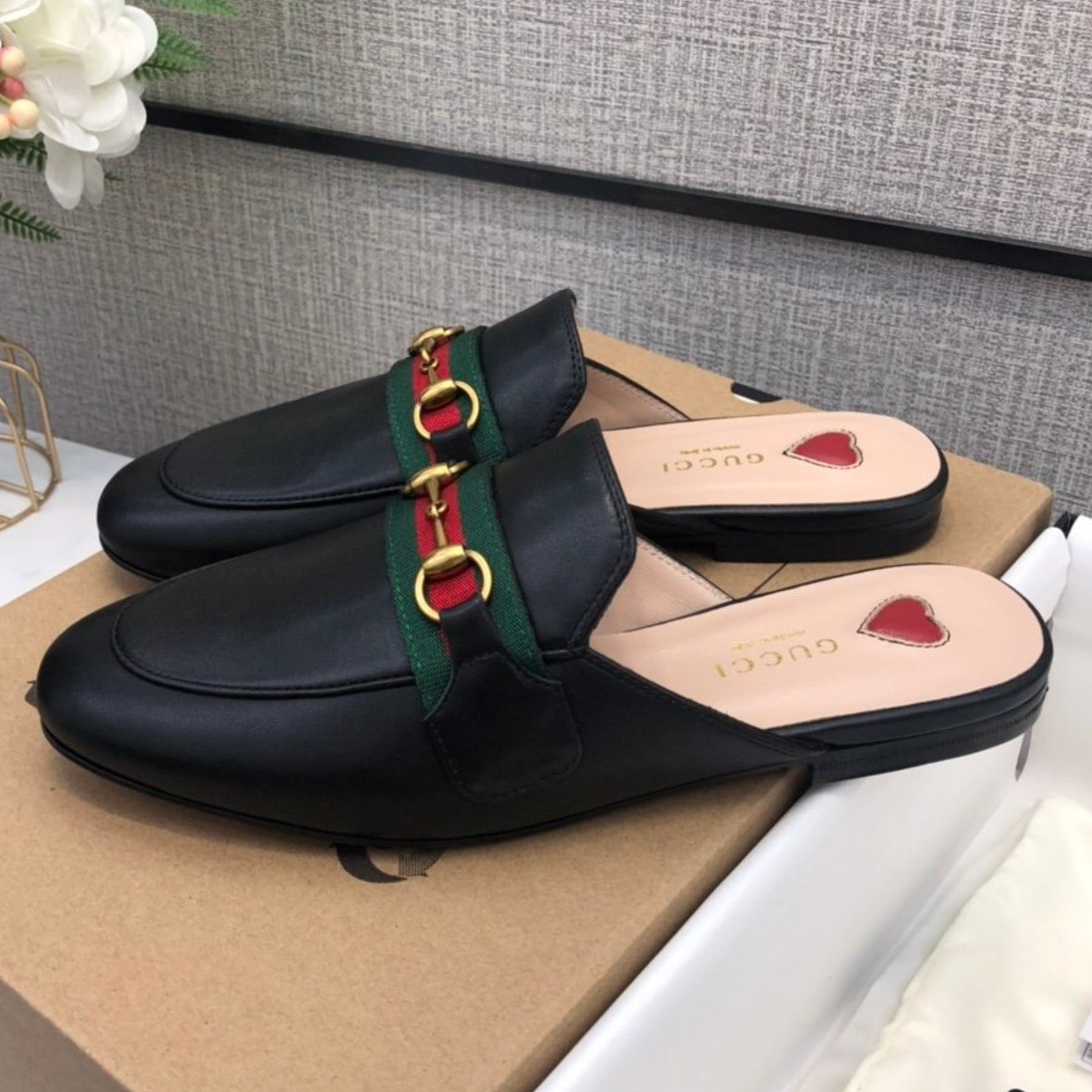 GG Princetown Black Leather Mule with Strap